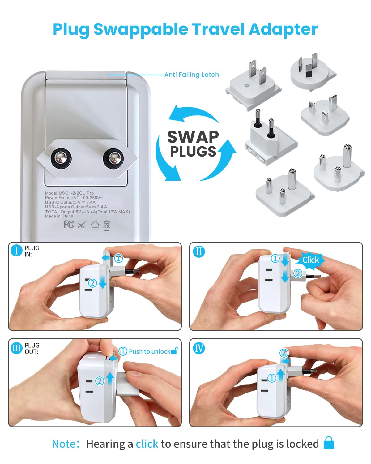 Vintar Universal Travel Adapter Kit, International Power Adapter With 3 Usb Ports (2 Usb C) 4 Ac Outlets, Type A,C,G,D,I,M Detac