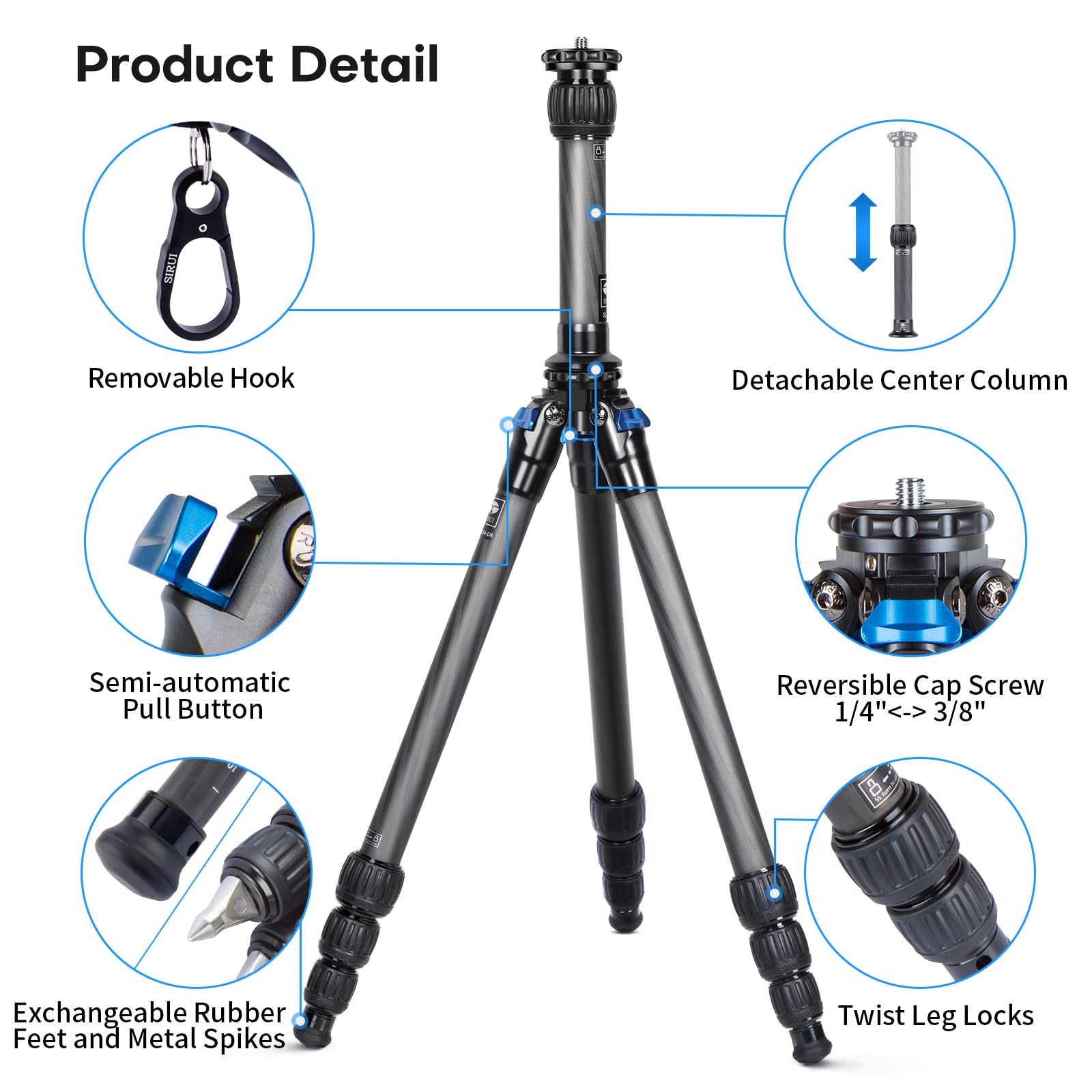 Sirui Am-254 Carbon Fiber Tripod With Two Sections Center Column, 59.8 Lightweight Compact Travel Tripod For Camera, Fold Size 1