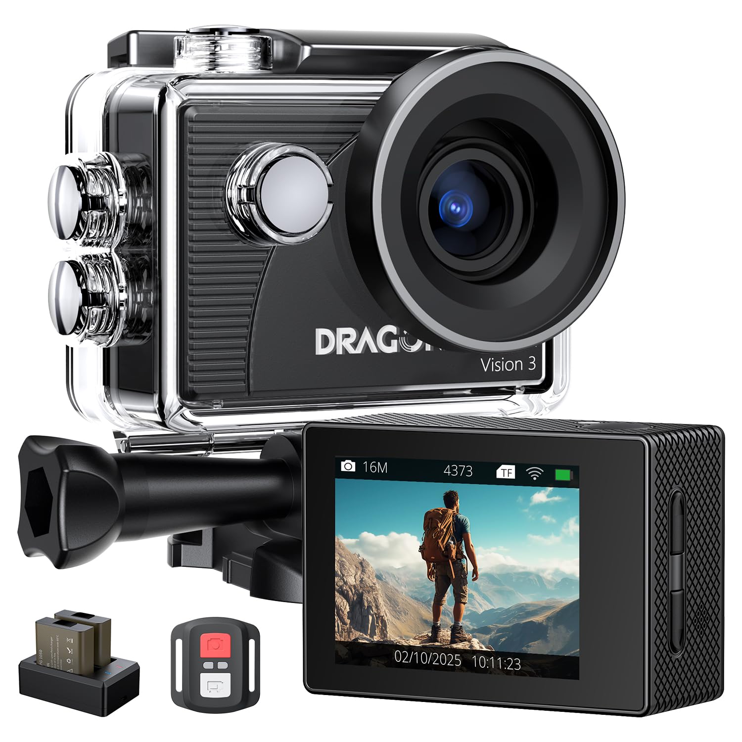Dragon Touch 4K Action Camera 20Mp Vision 3 Underwater Waterproof Camera 170    Wide Angle Wifi Sports Cam With Remote 2 Batteri