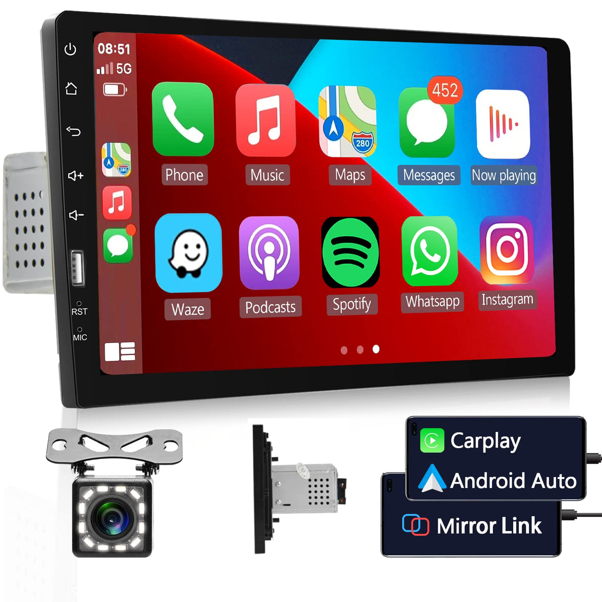 Single Din Carplay Car Stereo With Android Auto, Podofo 9 Inch Hd Ips Touchscreen Bluetooth Car Radio Supports Fm/Am Radio Mirror Link Swc,Car Audio Receivers With Backup Camera/External Mic/Usb