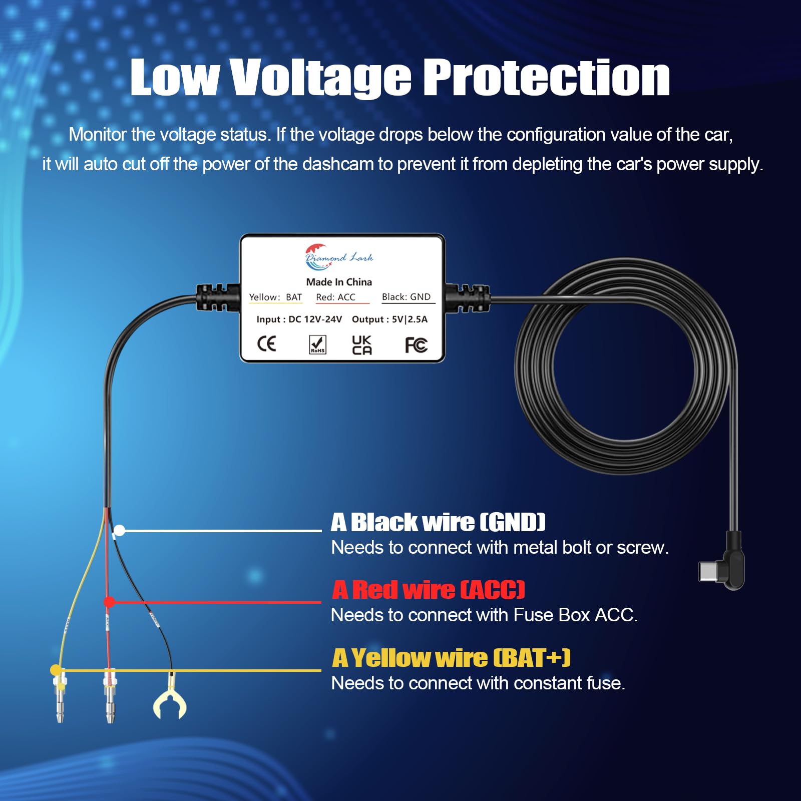 Diamond Lark Dash Cam Hardwire Kit, Converts 12V 24V To 5V Type C Usb Hardwire Kit For Dash Camera, Supports 24 Hour Parking Mon