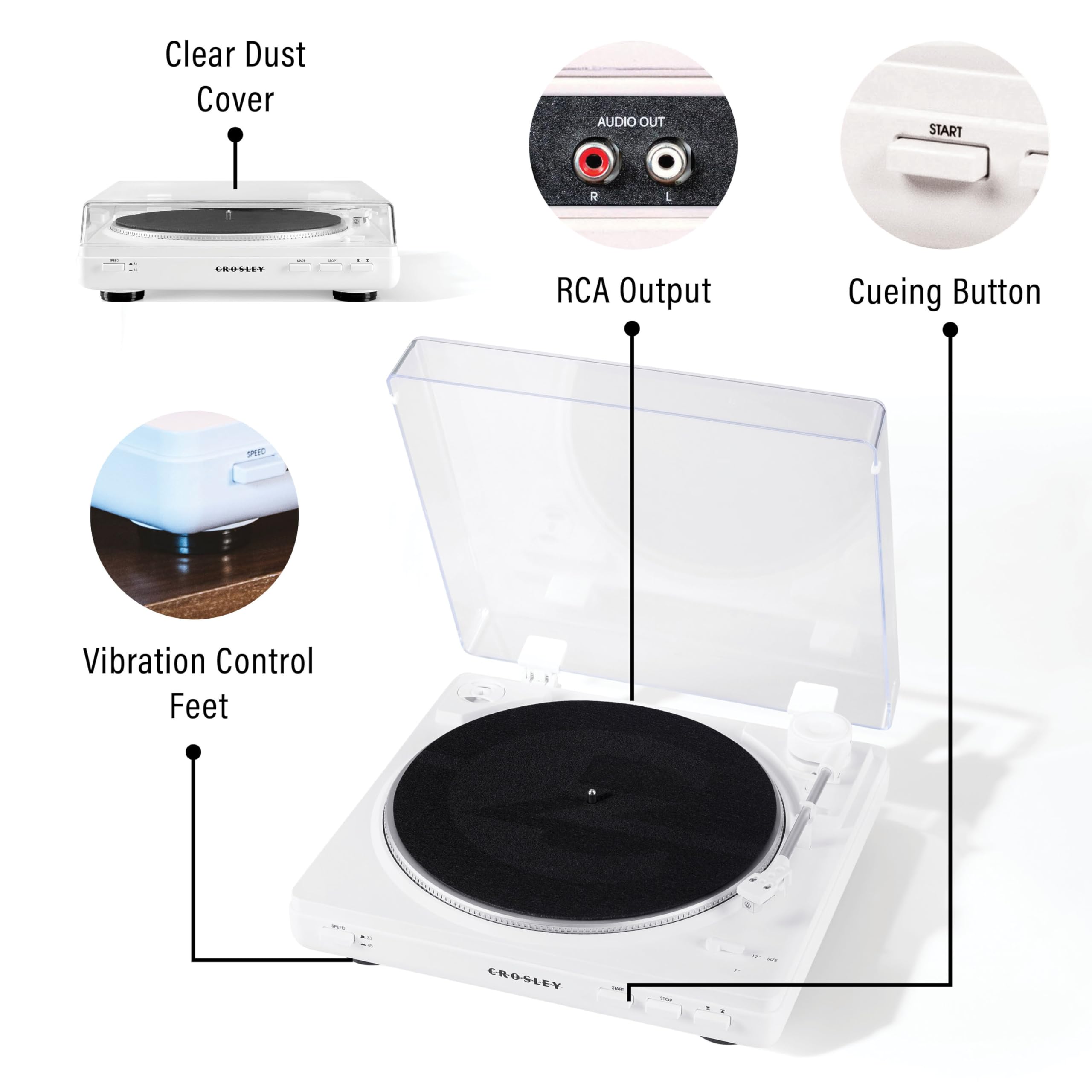 Crosley T400D-Wh Fully Automatic Bluetooth 2-Speed Turntable Record Player With Built-In Preamp, White