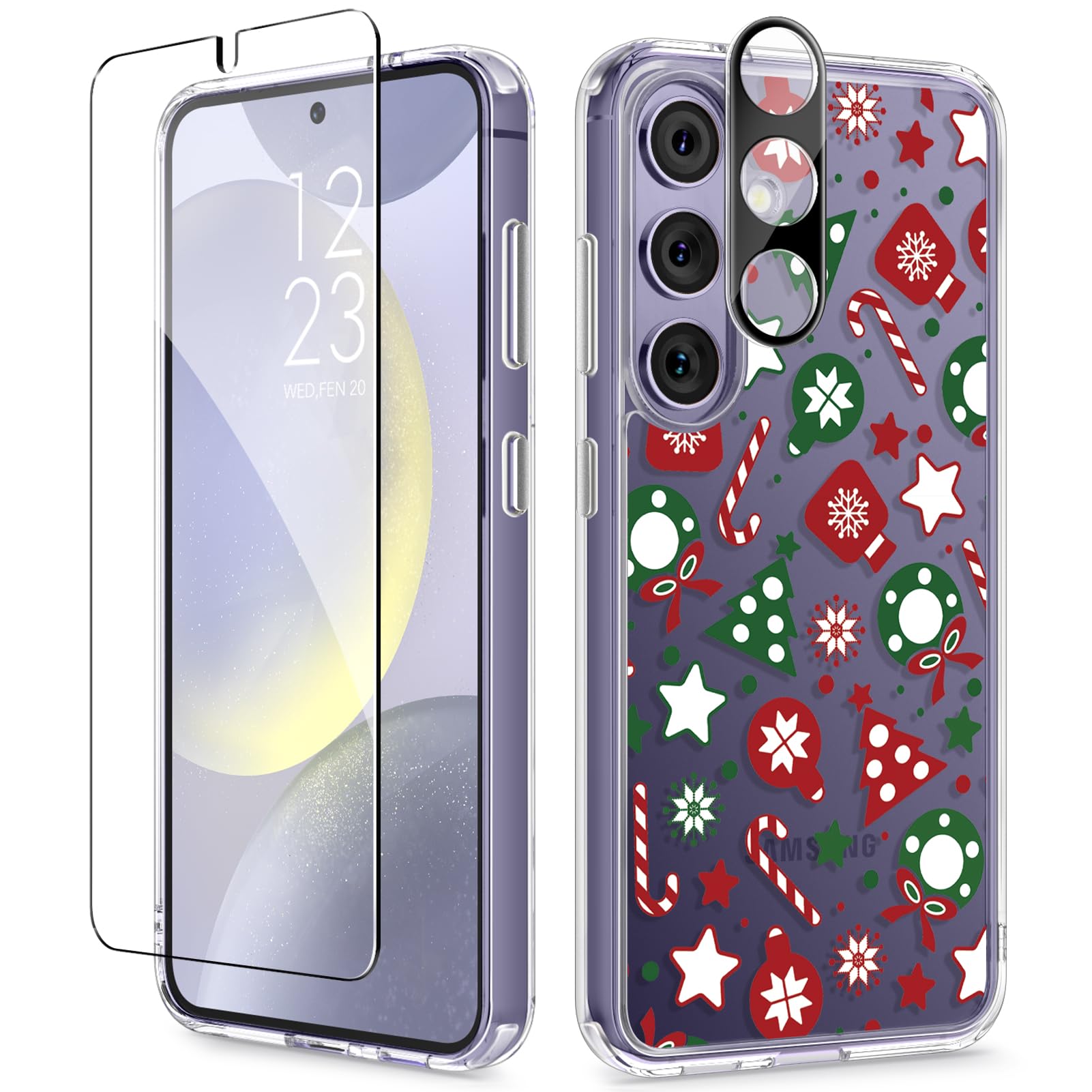 Gviewin For Samsung Galaxy S24 Plus Case With Screen Protector+Camera Lens Protector, Clear Stylish Christmas Pattern Slim Prote
