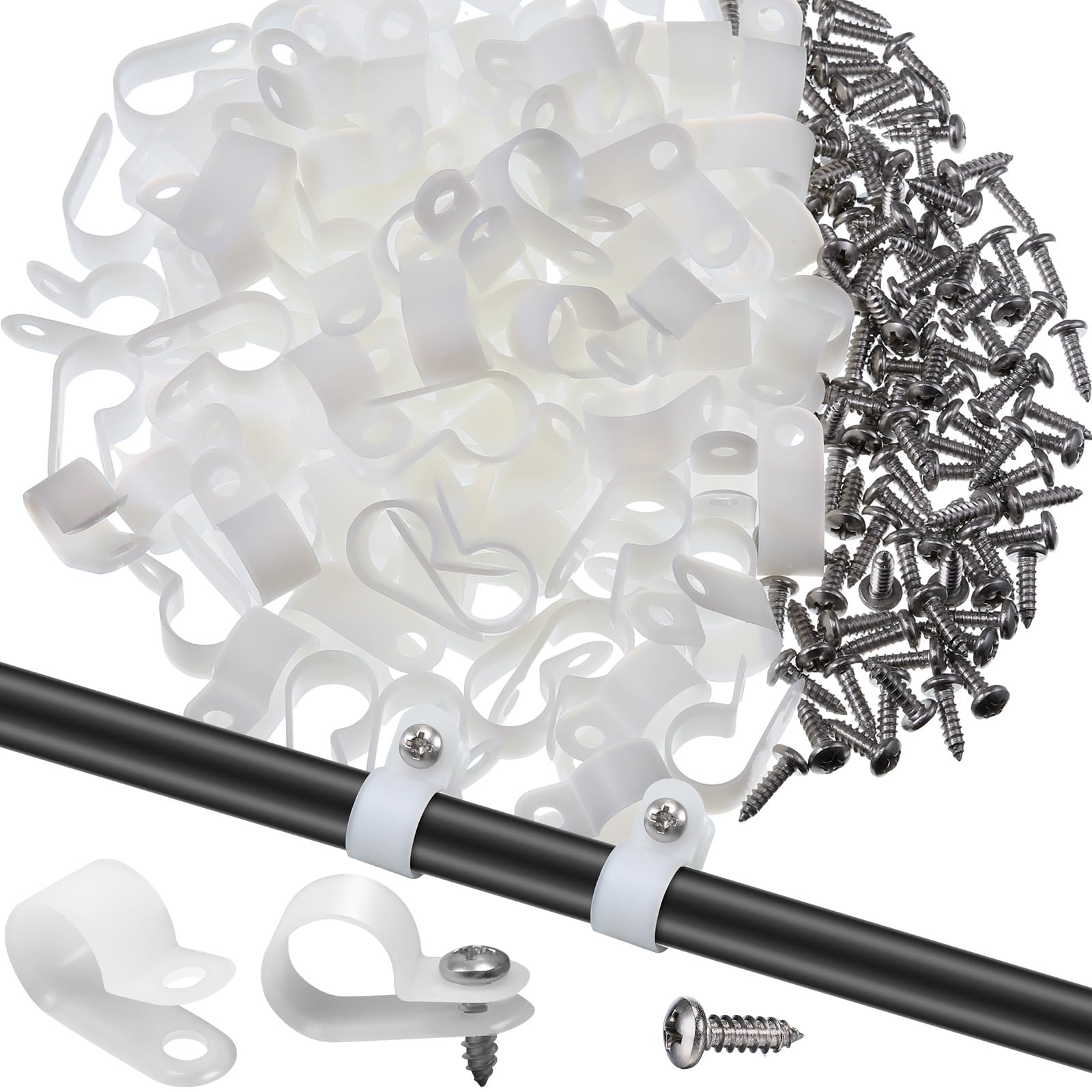 Hicarer 100 Pack R-Type Clip Cable Fastener Wire Clamp Nylon Screw Mounting Electrical Grip Clips with 100 Pack Screws for Wire 