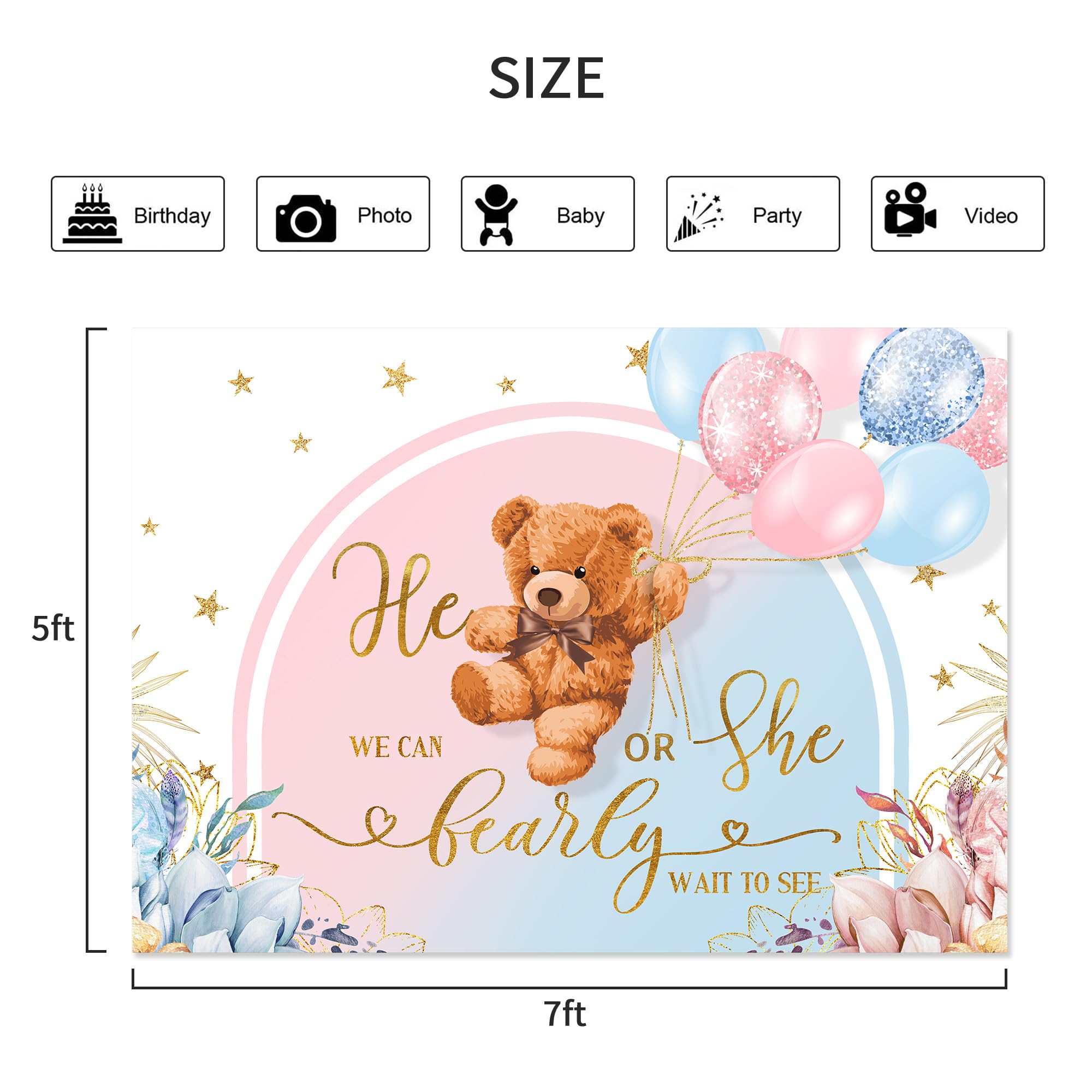 Lightinhome He Or She Gender Reveal Backdrop 7Wx5H Feet Pink Or Blue We Can Bearly Wait Boho Floral Cartoon Cute Bear Baby Showe