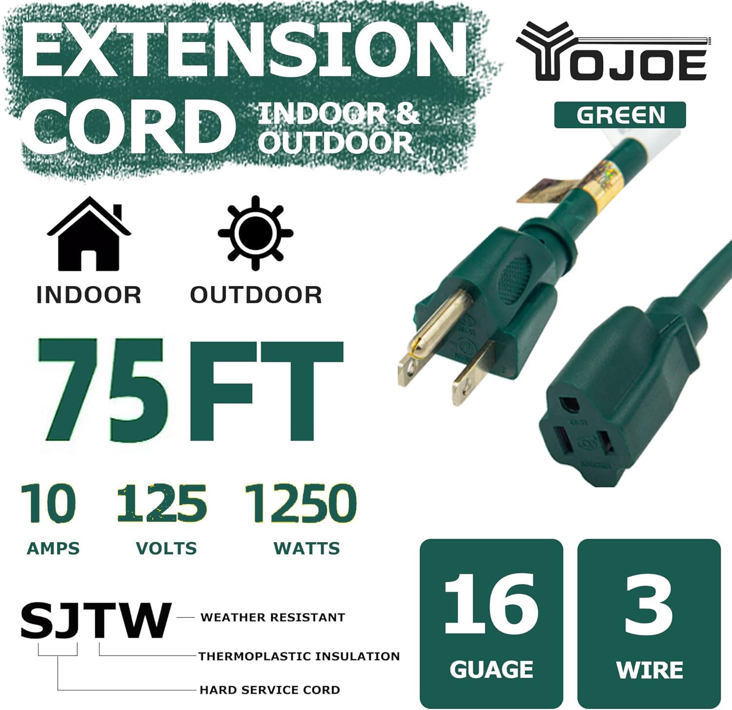 Yojoe Indoor Outdoor Extension Cord, 3 Prong 10A Weatherproof Power Extension Cord, 16 Gauge Heavy Duty 75 Ft Green Extension Co
