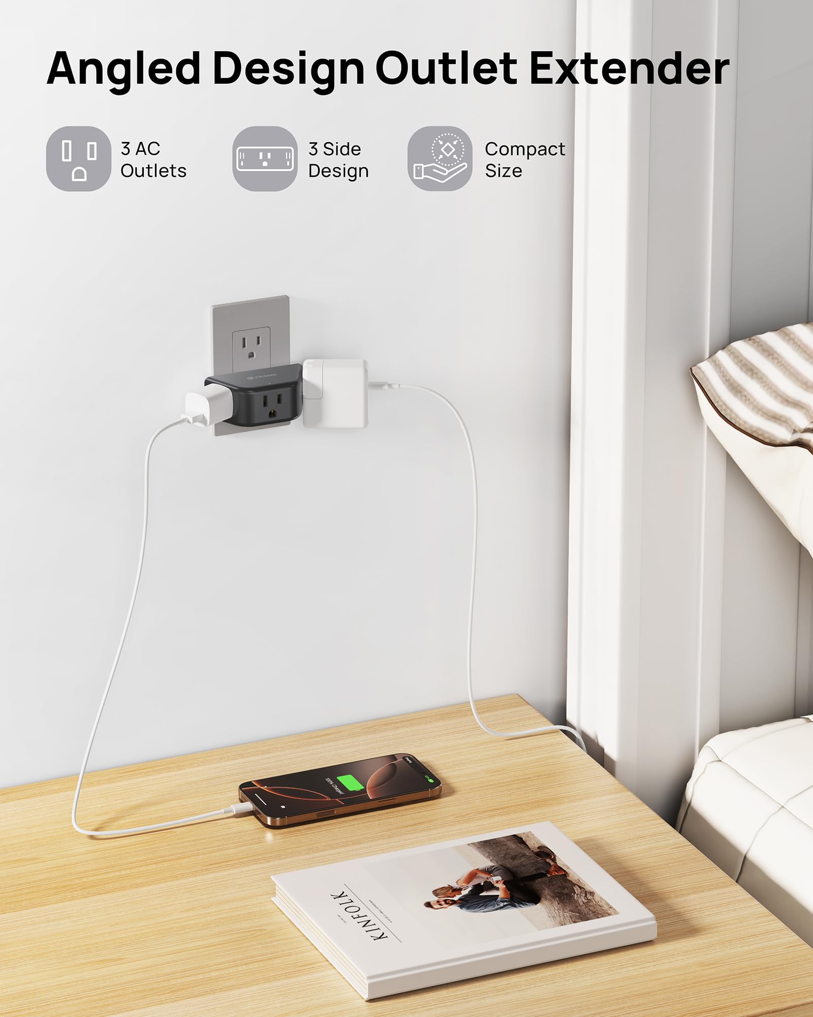 Trond Outlet Extender   3 Prong Grounded Plug Extension Outlet, 3 Way Angled Wall Plug Splitter, Cruise Ship Essentials, Multipl