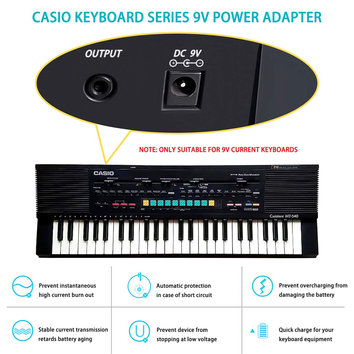 9V Power Adapter Fits For Casio Keyboard Ad-5, Ad-5Mu Ad-5Mr Wk-110 Wk-200 Lk-100 Lk-220 Ctk-496 Ctk-573 Ctk-700 Ctk-710 Ctk-720