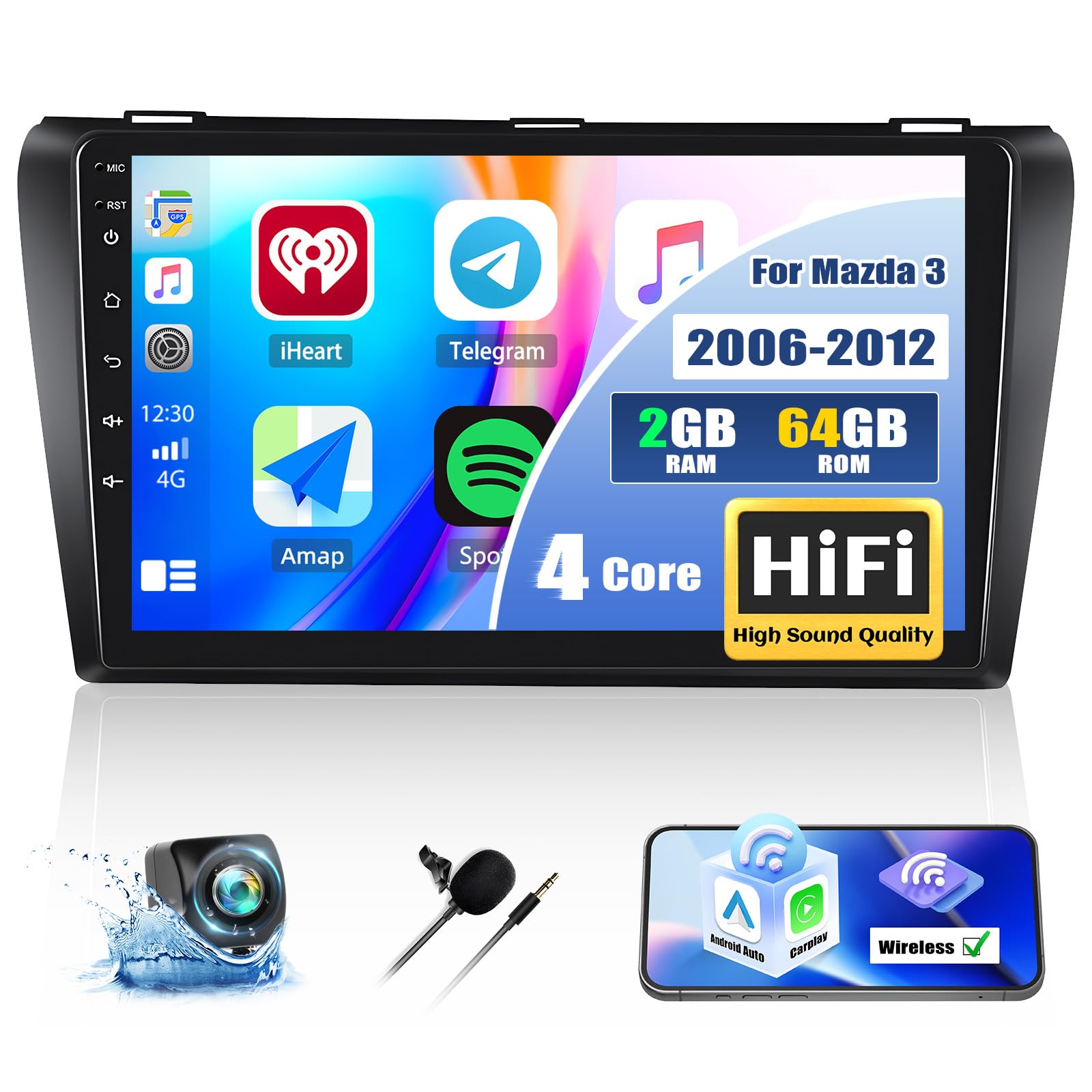 [2+64G] Android 13 Car Stereo For Mazda 3 2006 2007 2008 2009 2010 2011 2012 With Wireless Carplay&Android Auto,9 Inch Touch Screen Car Radio With Gps Wifi Bluetooth Fm/Rds Swc Dual Usb+Backup Camera