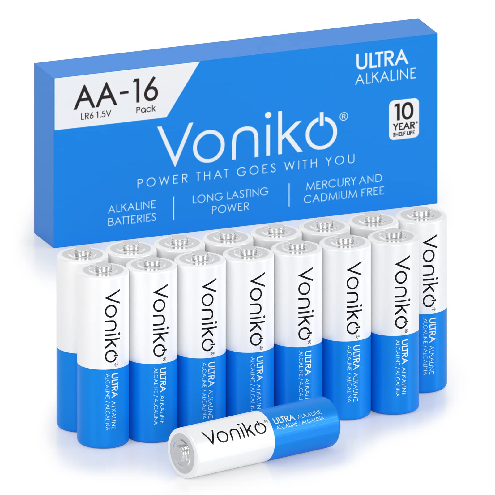 Voniko - Premium Grade AA Batteries -16 Pack- Alkaline Double A Battery - Ultra Long-Lasting, Leakproof 1.5v Batteries - 10-Year