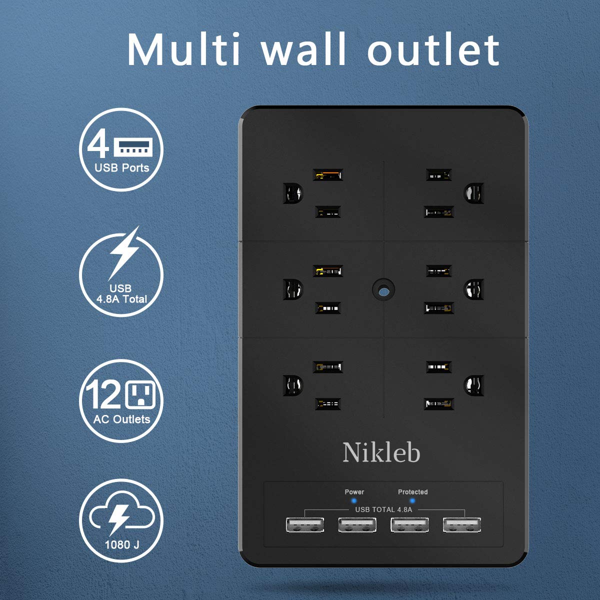 Surge Protector Nikleb, Wall Outlet With 4 Usb Ports 5V 4.8A Total, 12 Multi Outlet Extender, Multiple Usb Plug Adapter Wall Mou