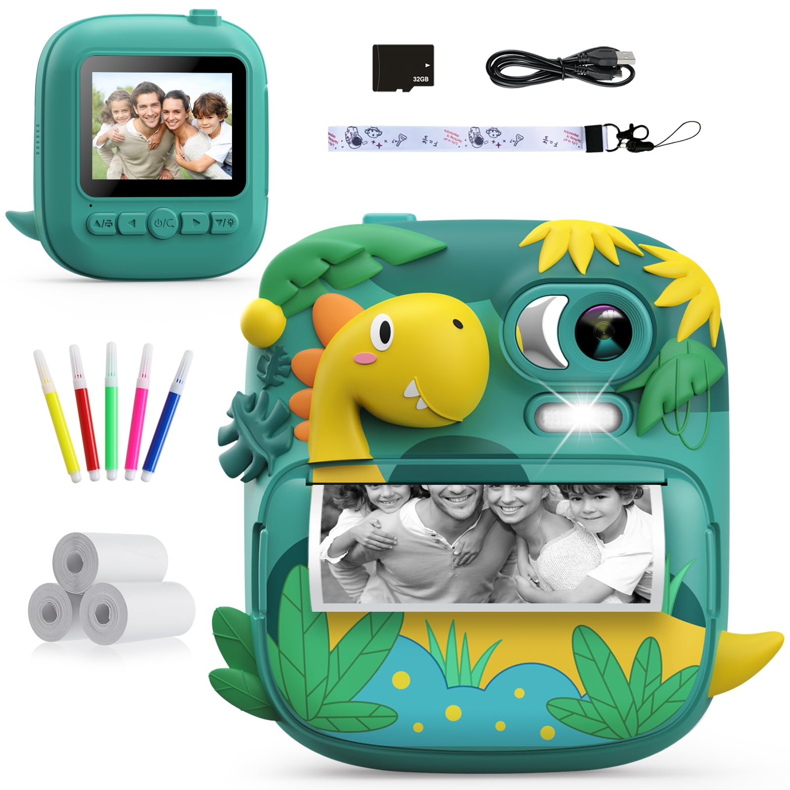 Kids Camera Instant Print, Camclid 2.4 Inch Screen Camera For Kids Dinosaur Children Digital Camera With 32Gb Card & 3 Rolls Pap