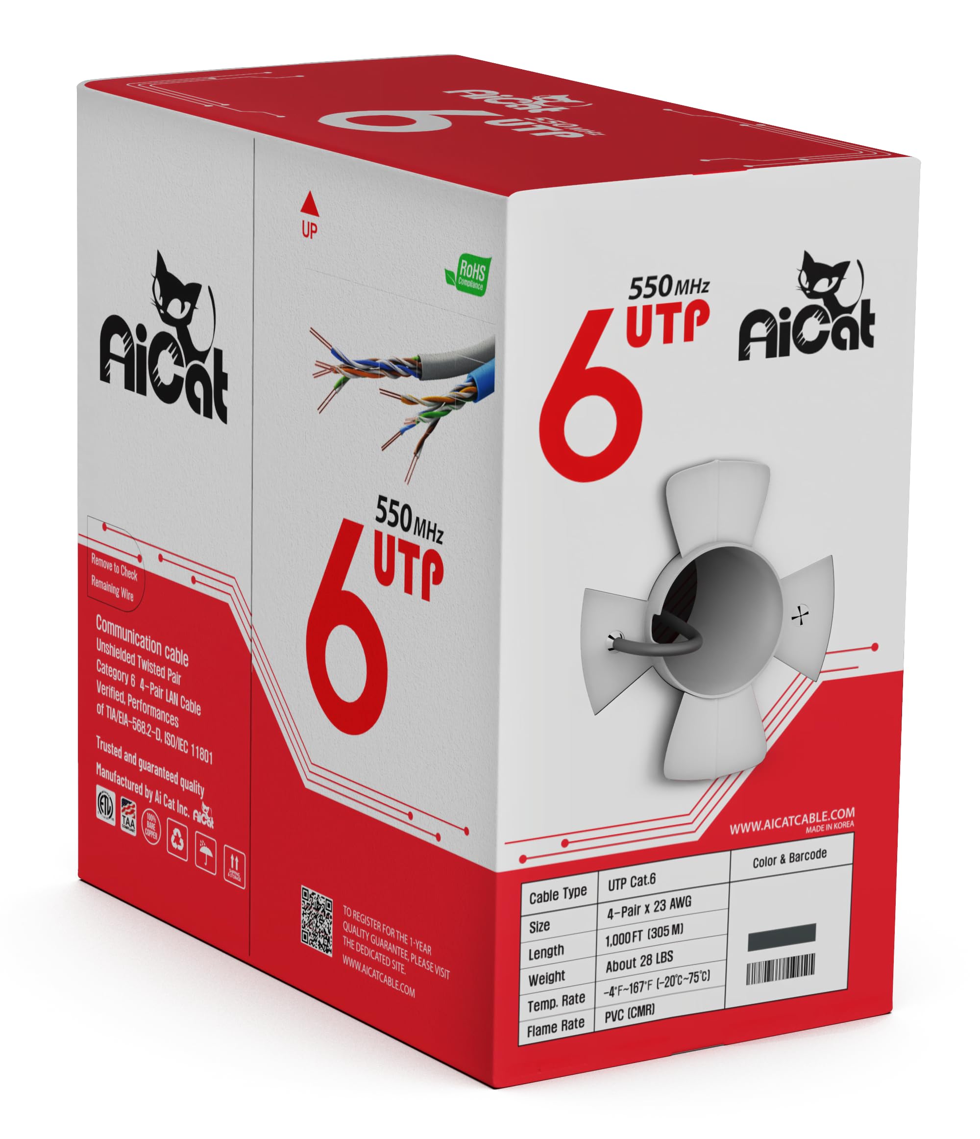 Aicat Cat 6 Ethernet Cable 1000Ft   23 Awg, Cmr, Insulated Solid Bare Copper Wire Internet Cable With Noise Reducing Cross Separ