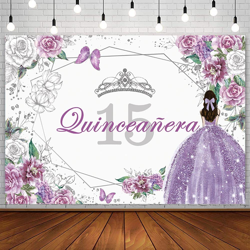 Sendy 7X5Ft Quinceanera 15Th Birthday Backdrop For Sweet Girl Mis Quince Anos 15Th Party Decorations Purple Silver Glitter Flora