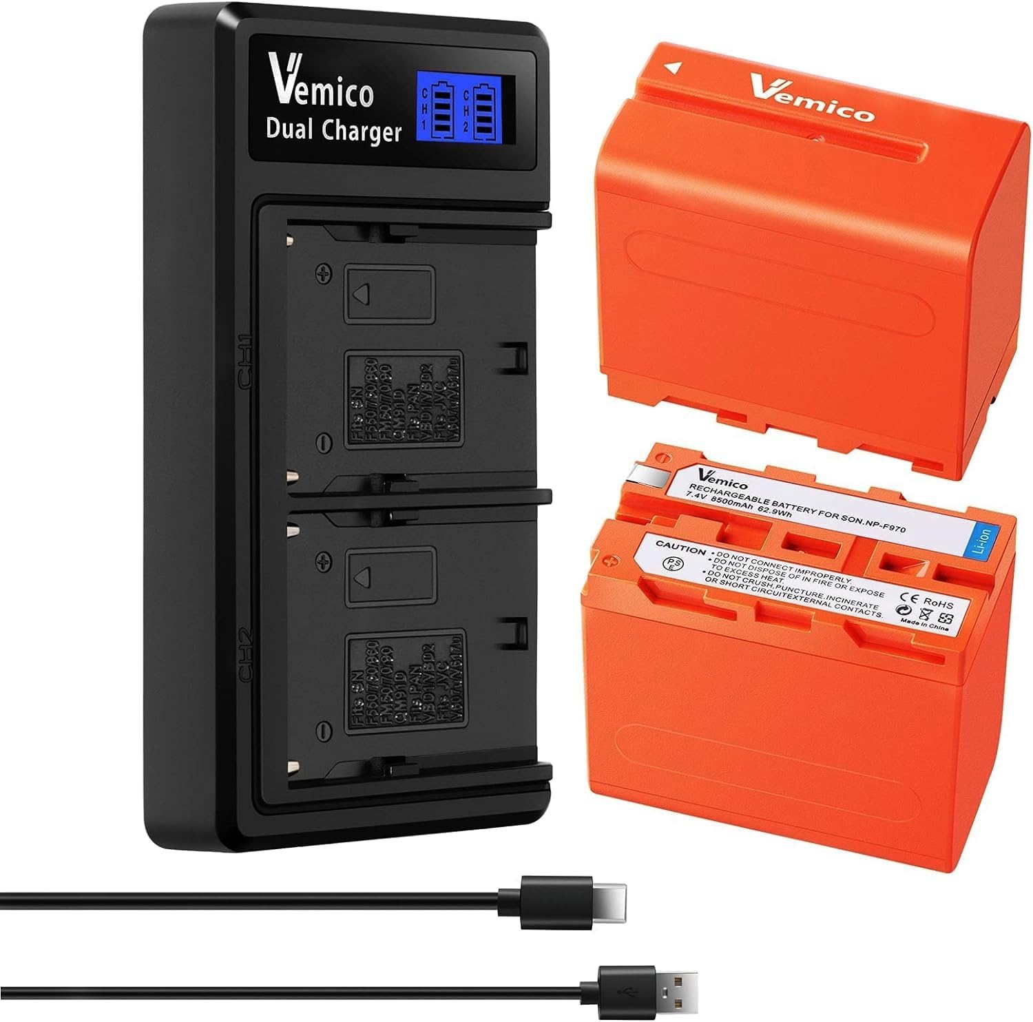 Vemico Np F970 Battery Charger Kit 2X8500Mah Replacement Np F550 Batteries With Lcd Usb C Charger For Np F970/F960/F530/F550/F57