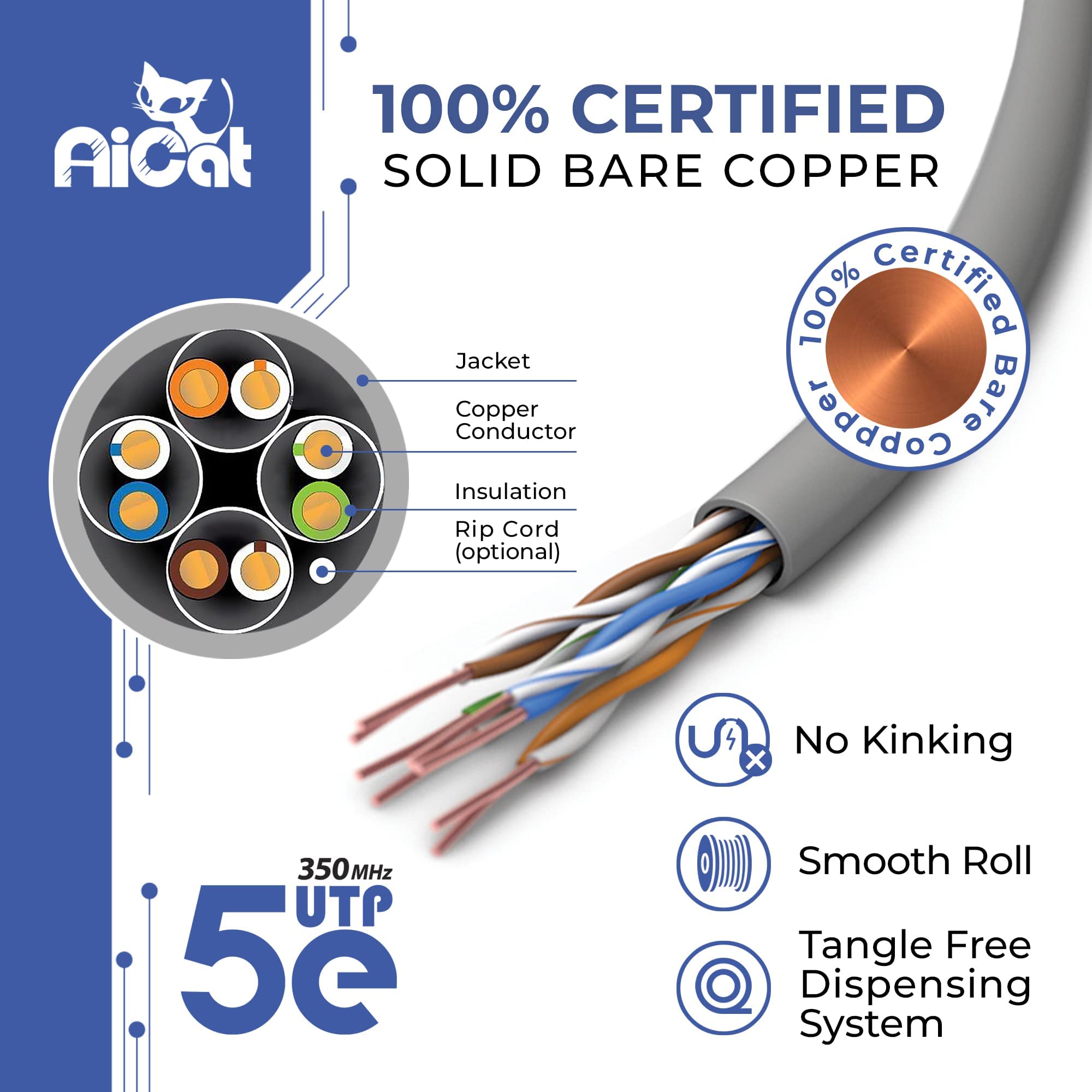 Aicat Cat6 Outdoor Ethernet Cable Direct Burial Unshielded Riser Cmx Rated 500Ft, Uv Resistant 23Awg Solid Bare Copper, 550Mhz,