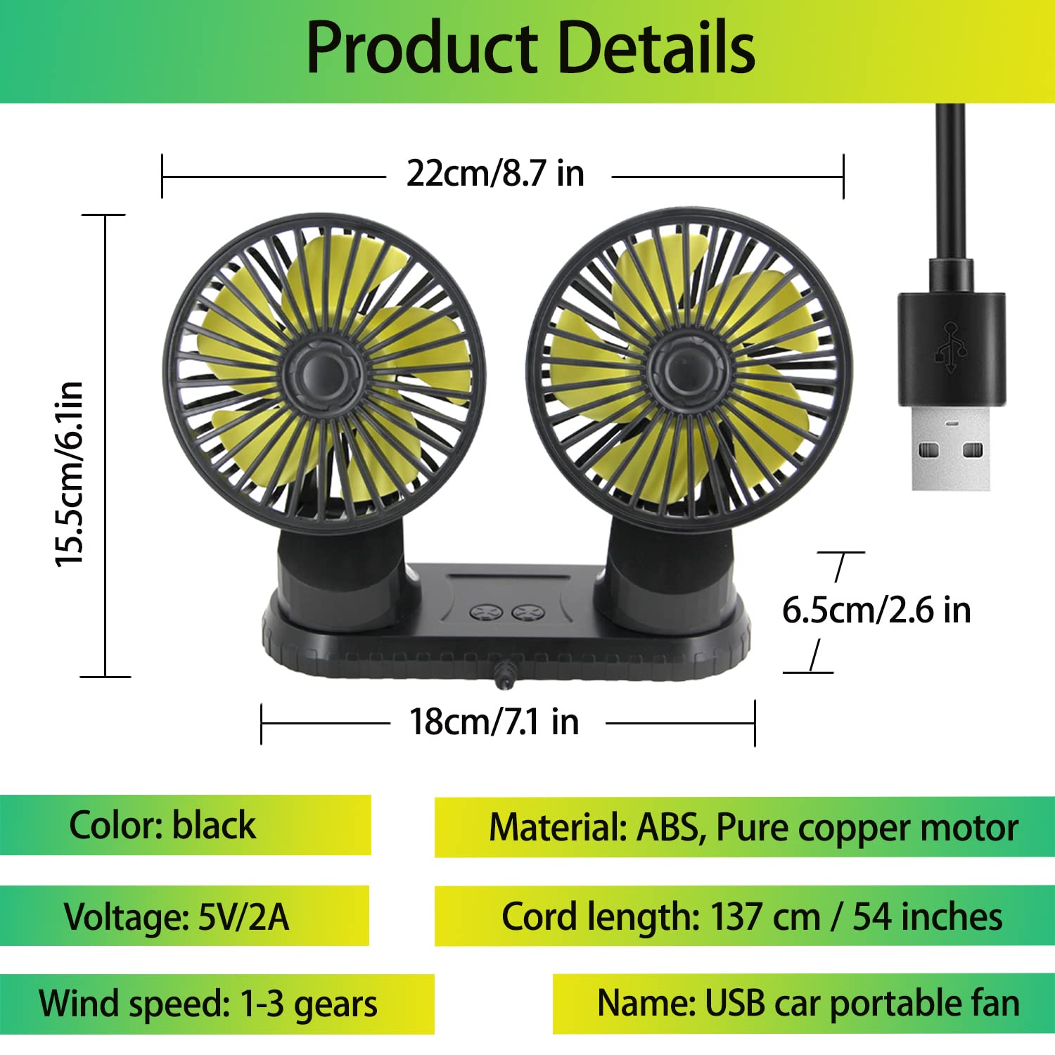 Car Cooling Fan,360� Adjustable Dual Head Cooling Air Fan Brushless Motor Low Noise Automobile Vehicle Fan Micro Usb For Car/Suv/Rv/Truck/Boat Use (Without Coloured Light)