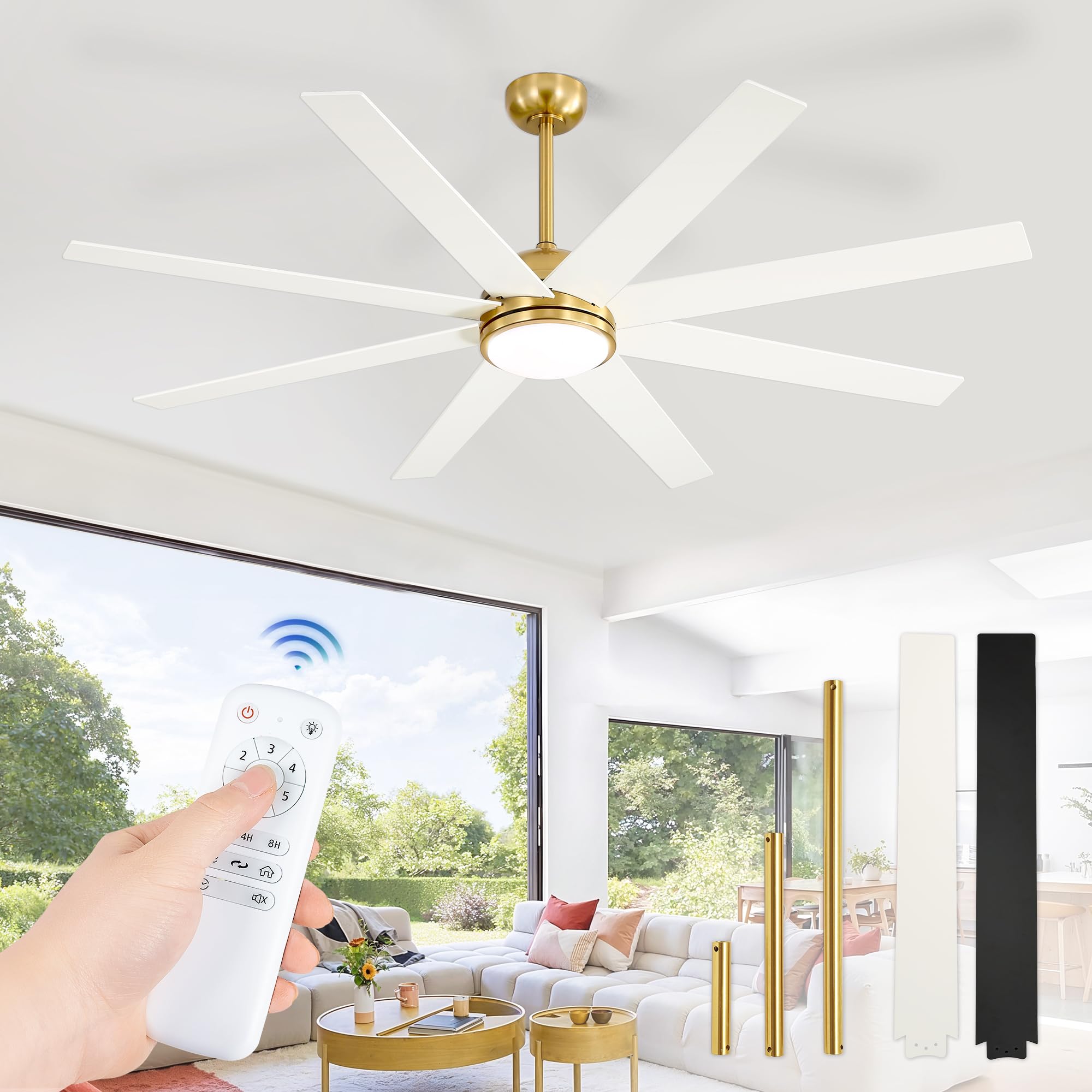 Fanbulous 65 Inch Ceiling Fans With Lights And Remote, Gold Indoor/Outdoor Ceiling Fan With Quiet Reversible Dc Motor, 6 Speeds,