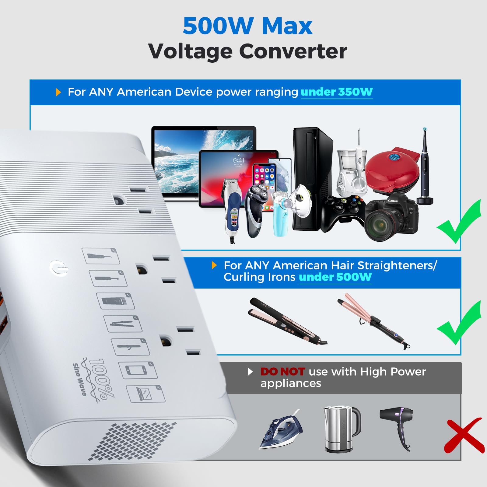 [Game Changer] Doace 500W Max 220V To 110V Converter, 50Hz To 60Hz Voltage Converter For European Travel, 100% Pure Sine Wave Po
