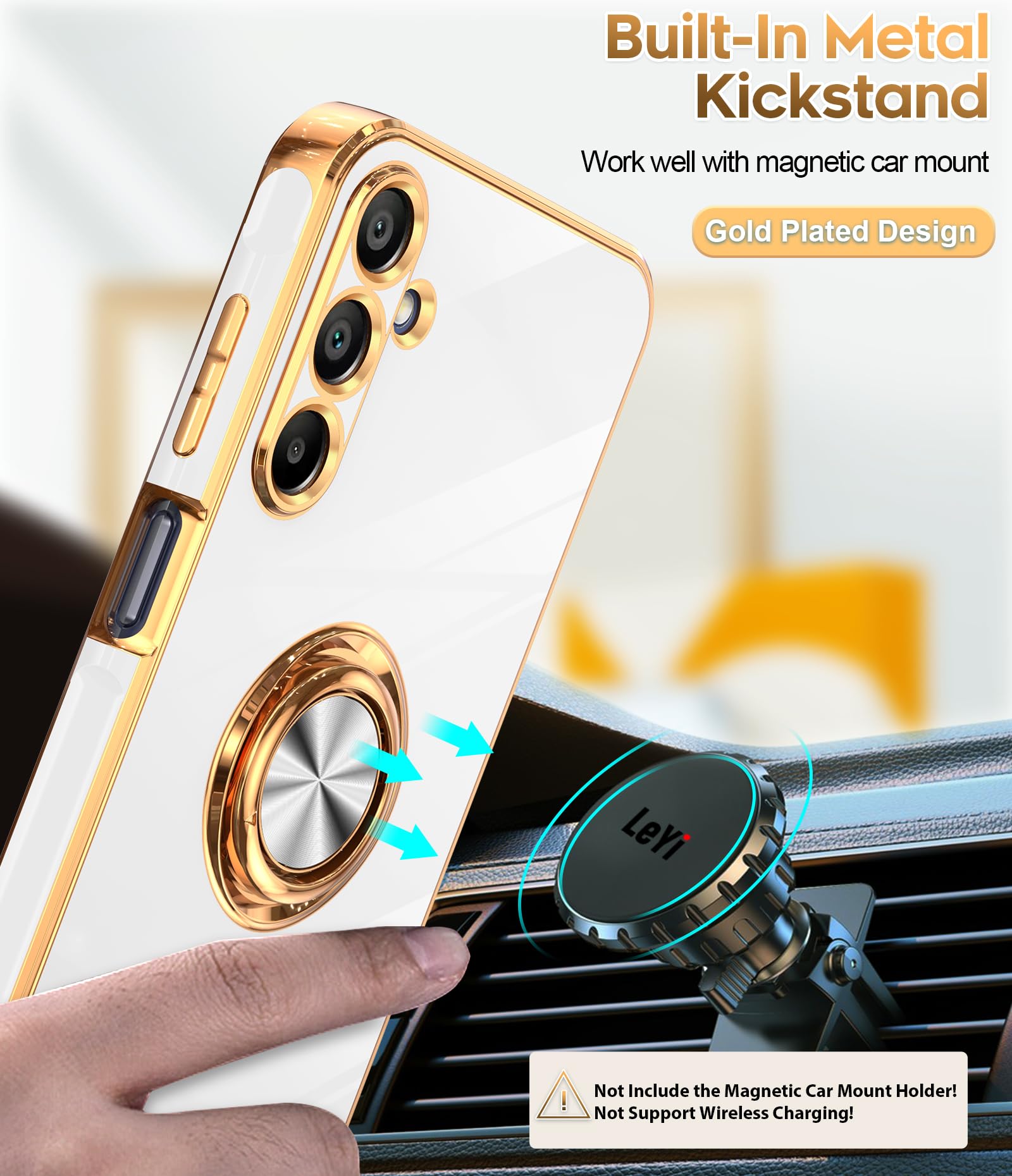 Leyi For A15 5G Phone Case: With Tempered Glass Screen Protector [2 Pack] 360 Rotatable Ring Holder Magnetic Kickstand, Plating