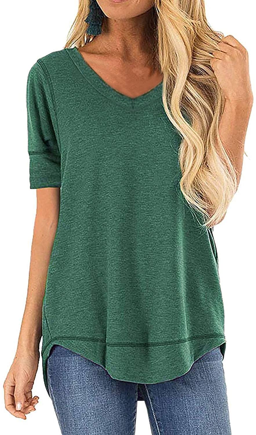 Jomedesign Casual Tops For Women Patchwork Short Sleeve Shirts V Neck Loose Tunic Summer Blouse Green X Large
