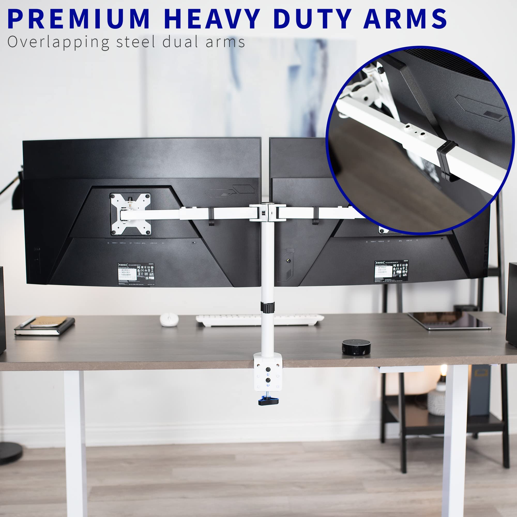 VIVO Dual LCD LED 21 to 32 inch Monitor Desk Mount, Heavy Duty, Adjustable Telescoping Arms, Flush Wall Setup, Fits 2 Screens, White, STAND V002EW
