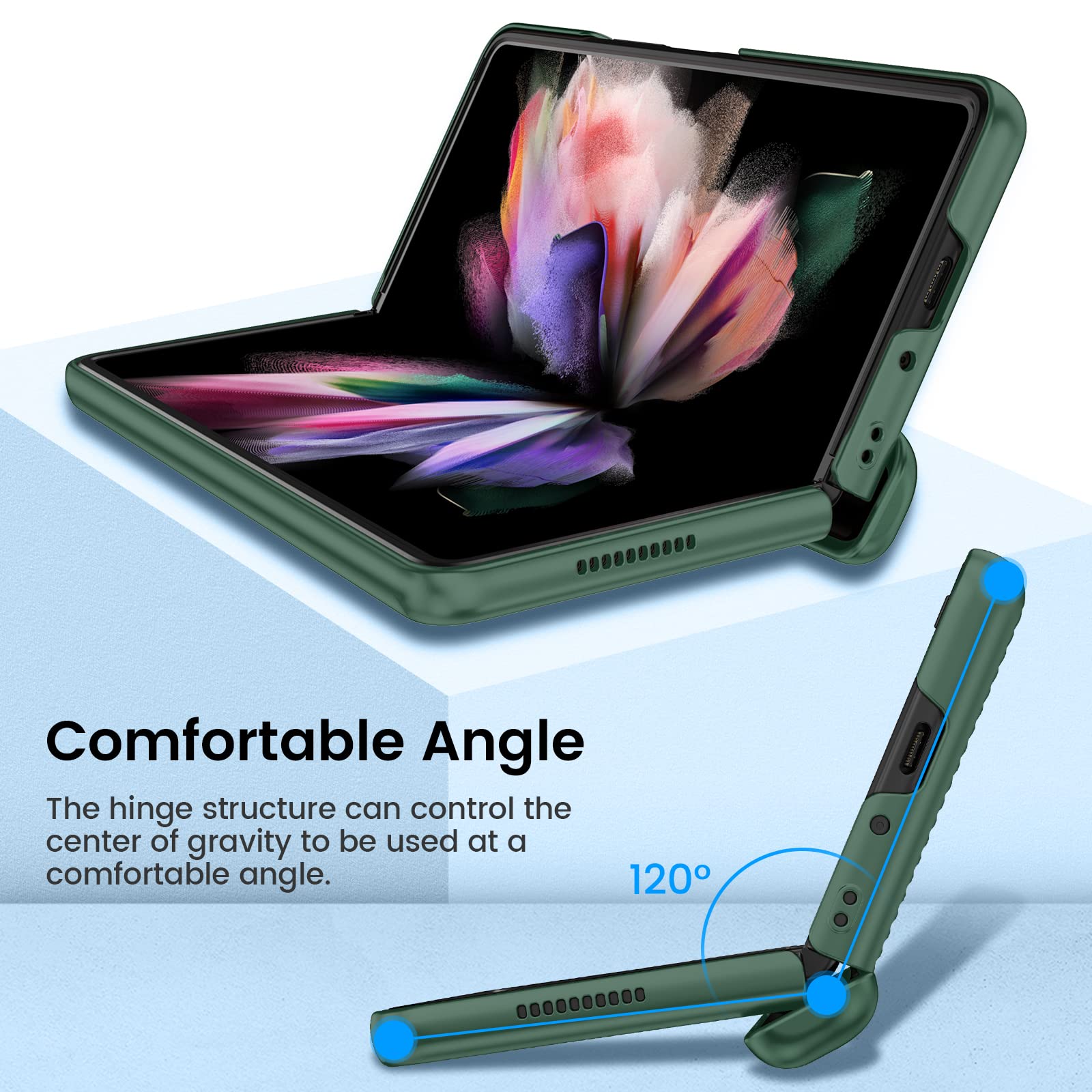 Ruky Samsung Galaxy Z Fold 3 Phone Case Hinge Coverage Built-in Screen Protector Hard PC Green Shockproof