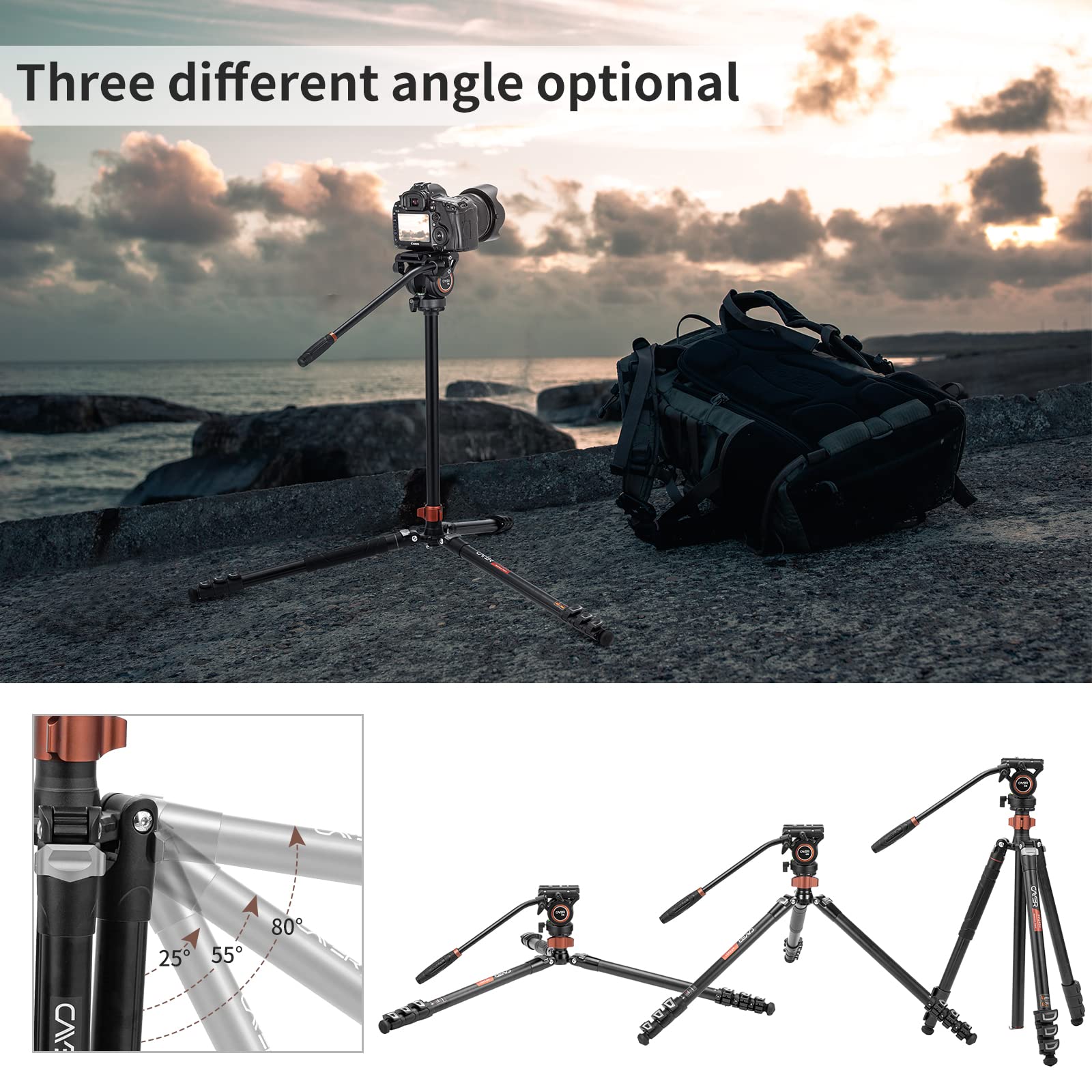 Cayer Fp2450 Fluid Head Tripod, 75 Inches Aluminium Video Tripod, 4 Section Compact Camera Tripod Monopod With Fluid Head For Ds