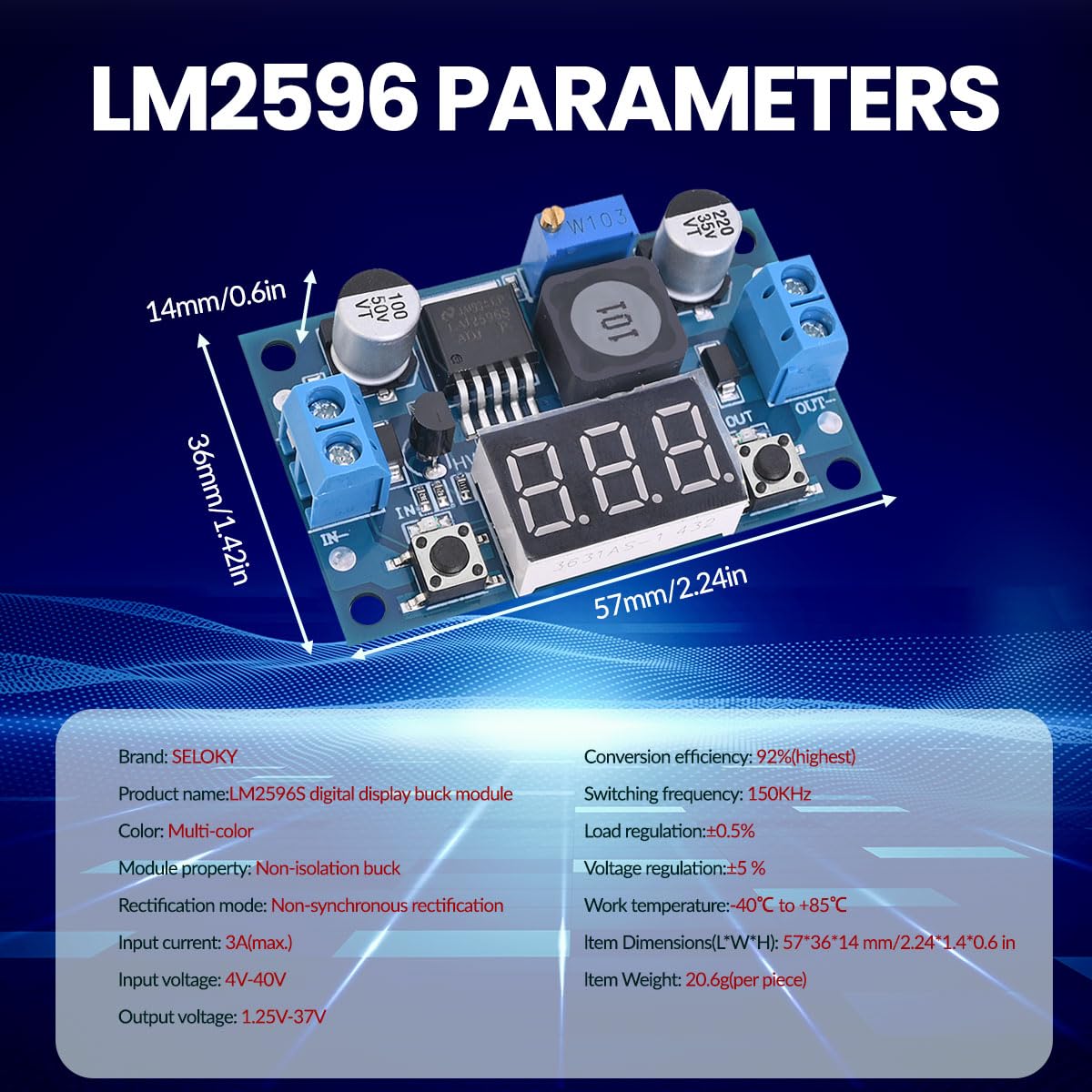 Seloky Lm2596 Adjustable Dc Dc Step Down Buck Converter Module With Led Voltmeter Display, Voltage Regulator 4.0 40V Input To 1.