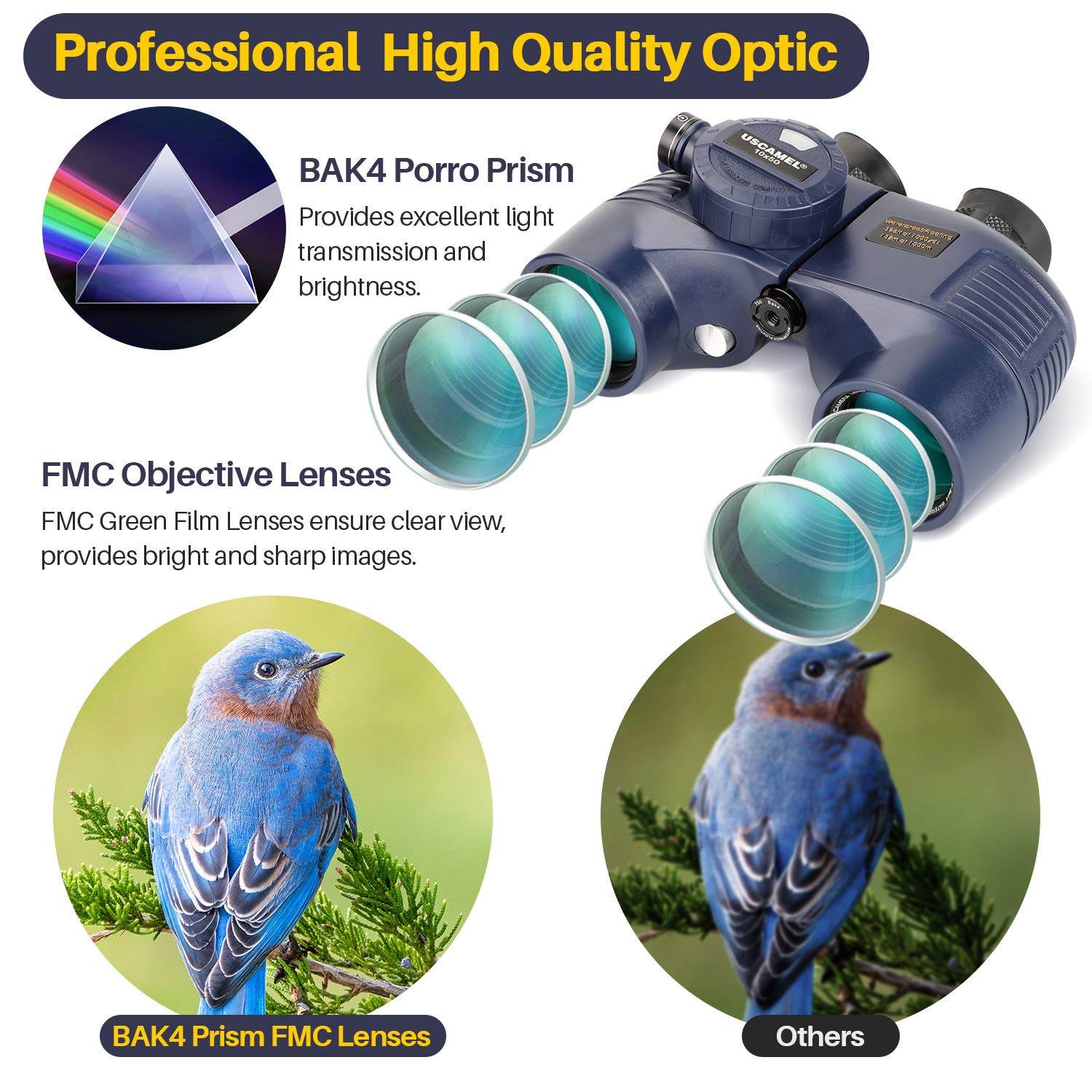 Uscamel 10X50 Marine Binoculars For Adults, Waterproof Binoculars With Rangefinder Compass,Bak4 Prism Fmc Lens Binoculars With T
