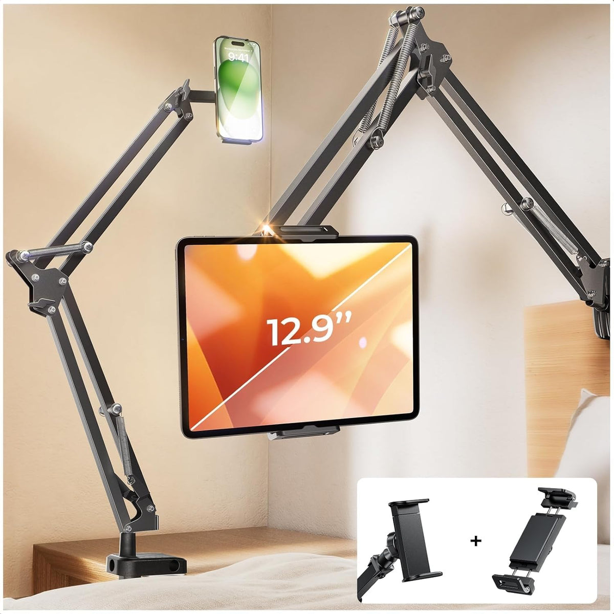 Lisen Tablet Stand Phone Holder Ipad Holder For Desk Mount[Ultra Sturdy] 2 Clamps Kindle Holder For Bed Gooseneck Phone Tablet H