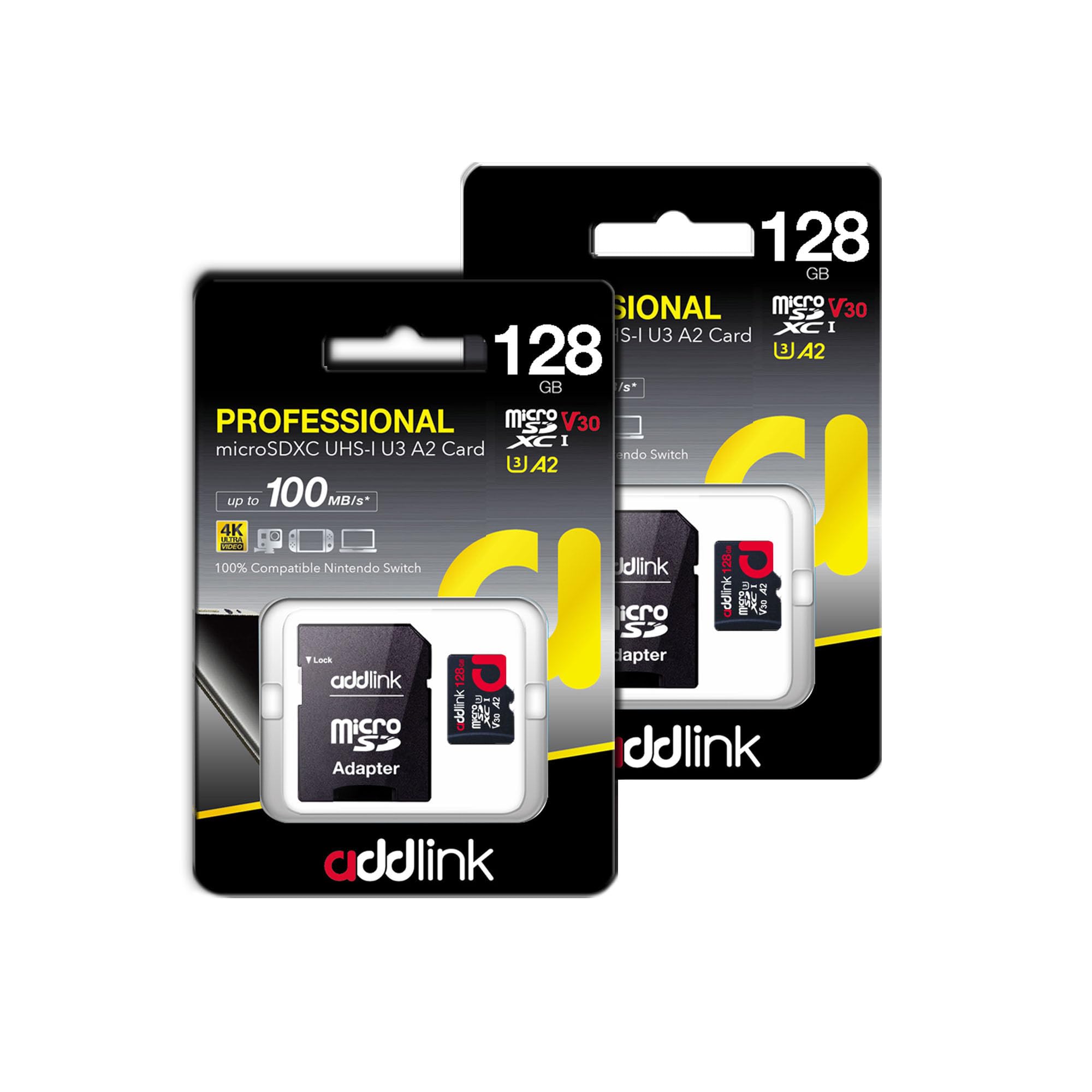 Addlink Microsdxc 128Gb 2 Pack + Adapter Uhs 1 U3 V30 A1 4K, Compatible For Android Smartphones, Camera, Dash Cam Tablets, Go Pr