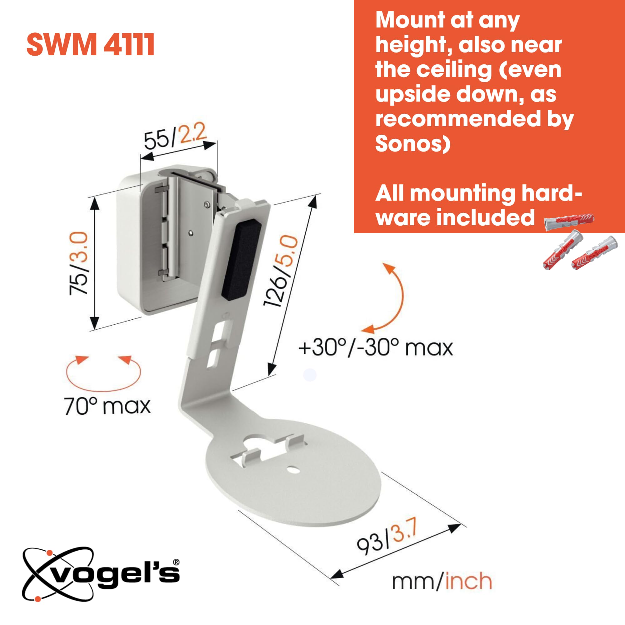 Vogel'S Swm 4111 Speaker Wall Bracket For Sonos Era 100, Max. 11 Lbs (5 Kg), Tiltable  30/+30, Swivels Up To 70 (Left/Right), Wh
