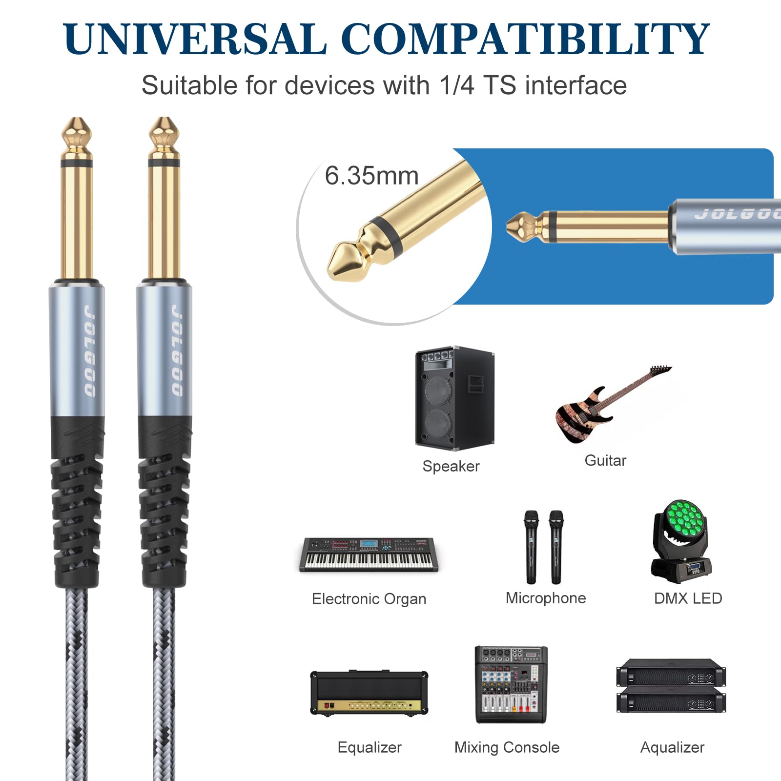 Jolgoo 1/4 Inch Guitar Instrument Cable 10 Ft 2 Pack, 1/4 Inch Ts Guitar Cable, Quarter Inch Cable, For Electric Guitar, Bass, K