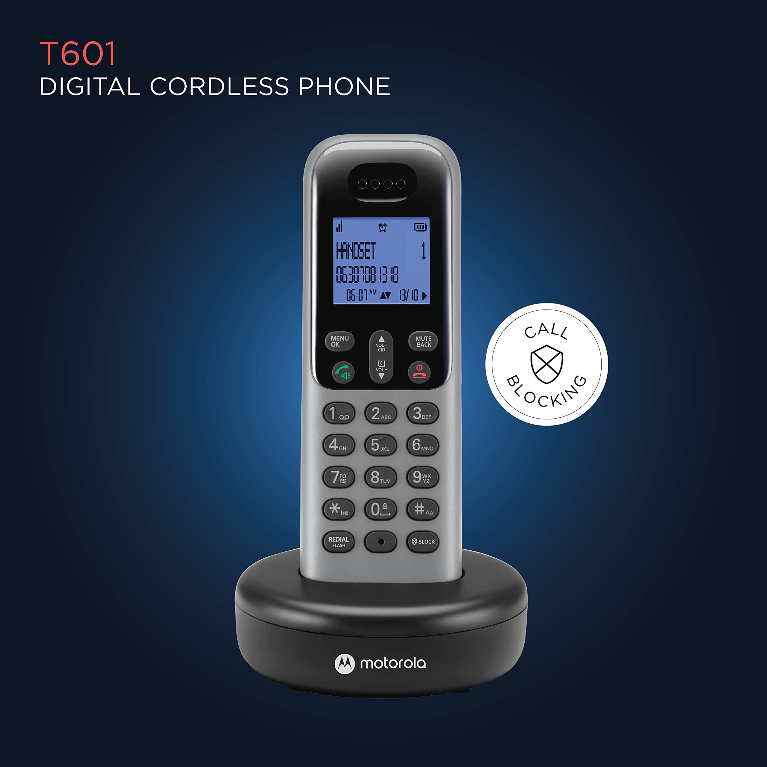 Motorola Voice T601 Cordless Phone System W/Digital Handset, Speakerphone, And Call Block   Dark Grey