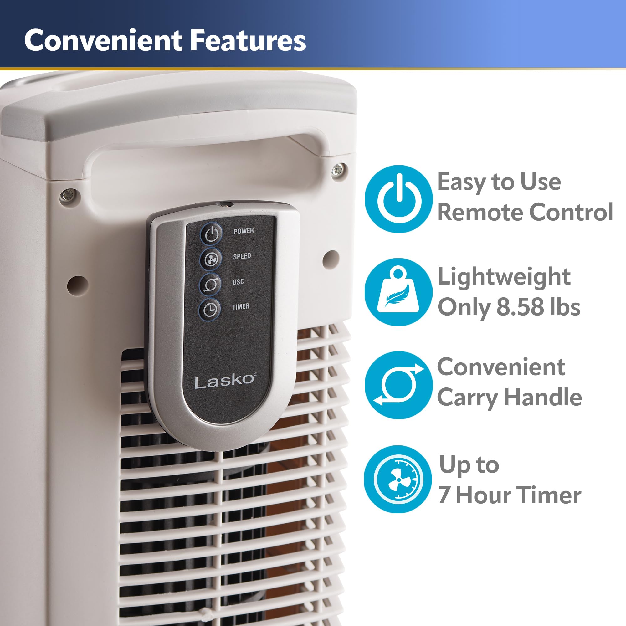 Lasko Portable 36'' Oscillating 3 Speed Tower Fan With Remote Control And Timer For Bedroom And Home Office, White, 2510