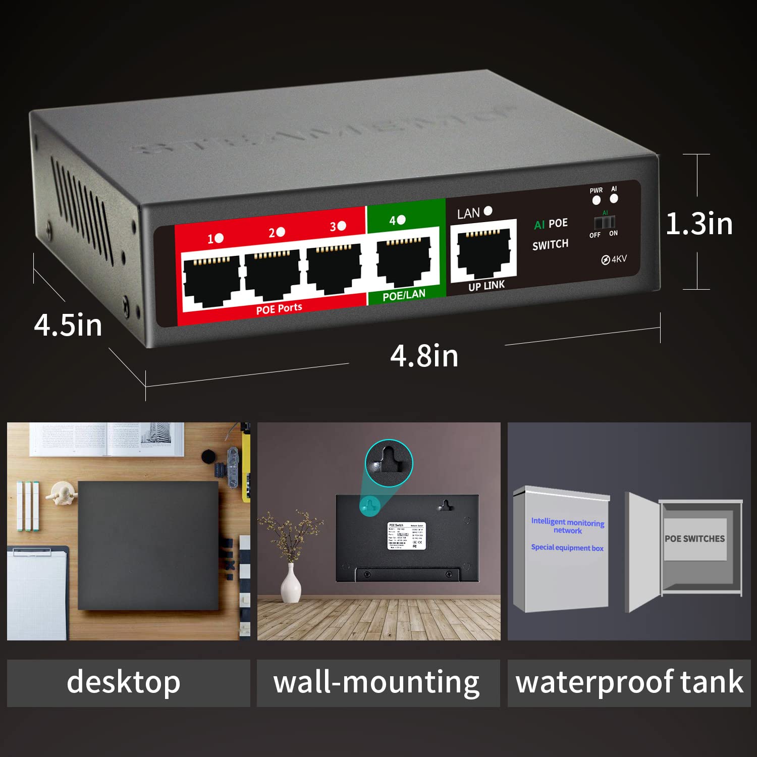 Steamemo 5 Port Ai Poe Switch (4 Poe Ports +1 Uplink), 802.3Af/At Poe 100Mbps, 52W Built In Power, Extend To 250Meter, Unmanaged