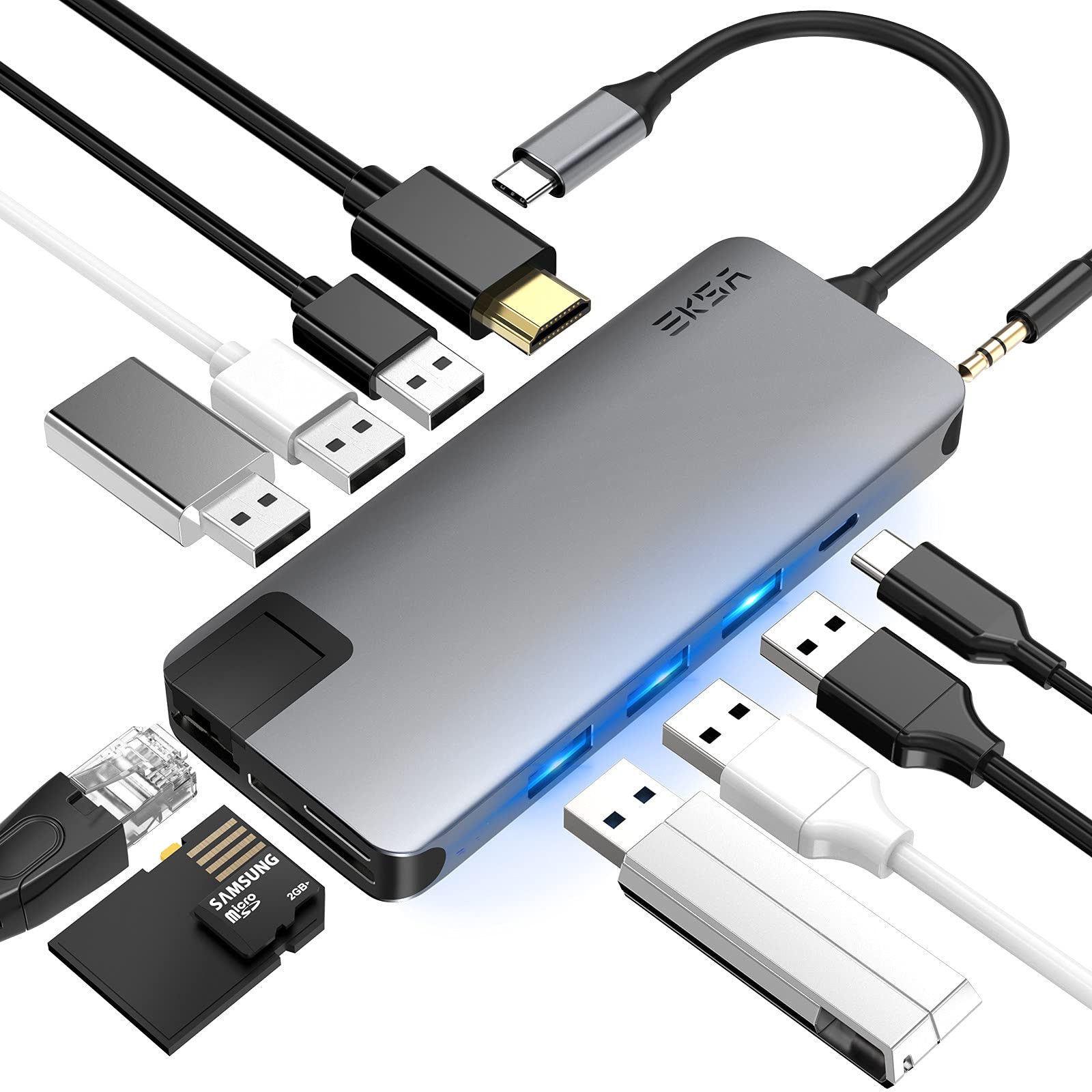Eksa Usb C Hub,12 In 1 Type C Adapter For Windows And Macbook With 3 Usb 3.0 Ports, 3 Usb 2.0 Port, 4K Hdmi, Rj45 Gigabit Ethern