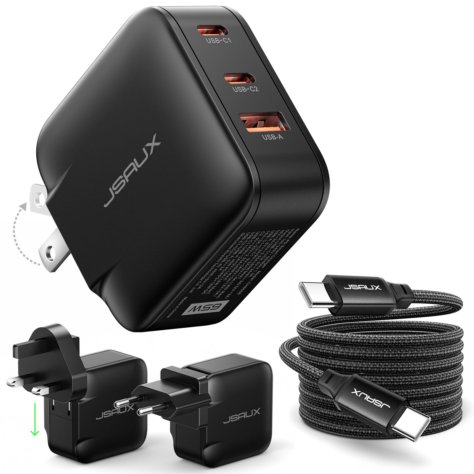 JSAUX 65W GaN USB C Wall Charger for Steam Deck/Switch, 3 Ports, EU/UK Plug
