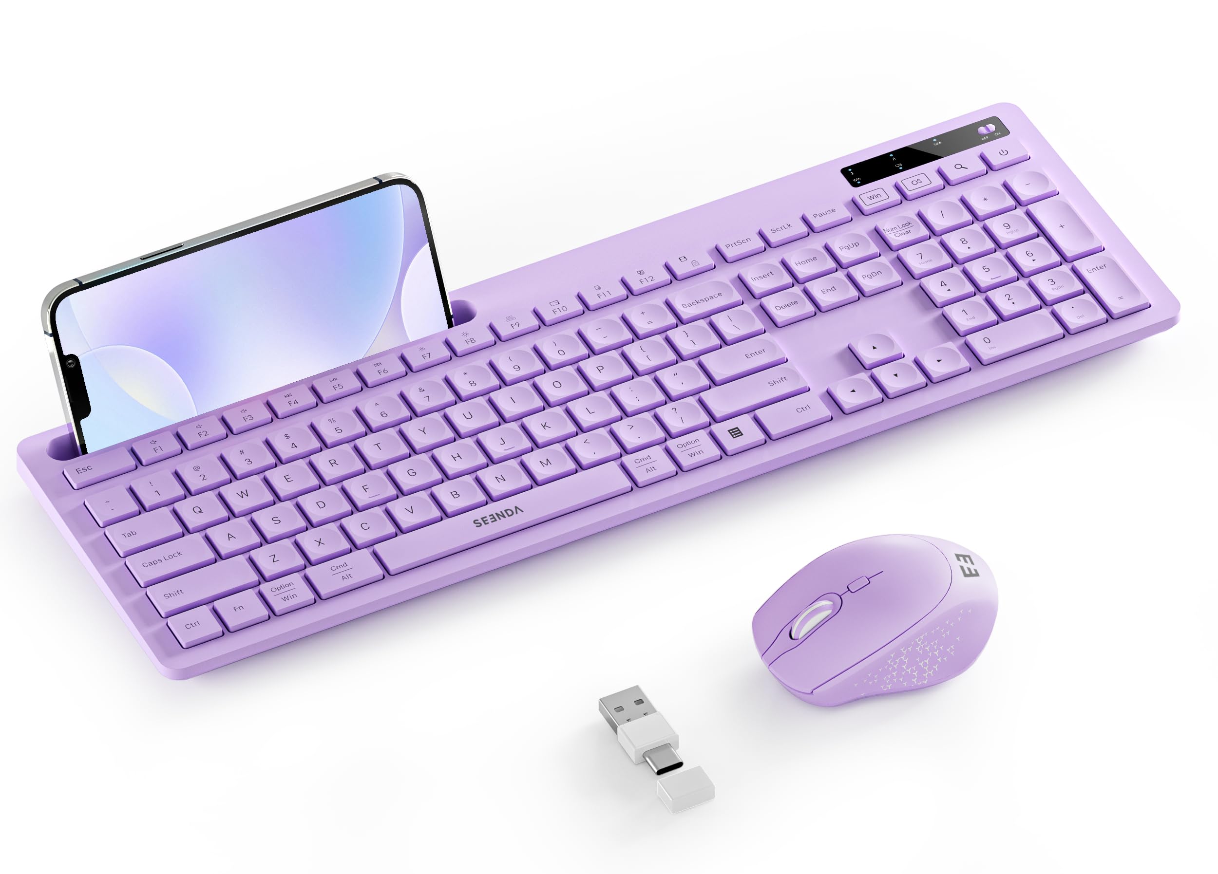 Wireless Keyboard And Mouse For Macbook, Seenda Full Size Purple Keyboard With Phone Holder, 2.4G Usb A & Type C Receiver, Compatible For Mac, Macbook/Air/Pro Windows Computer/Desktop/Laptop