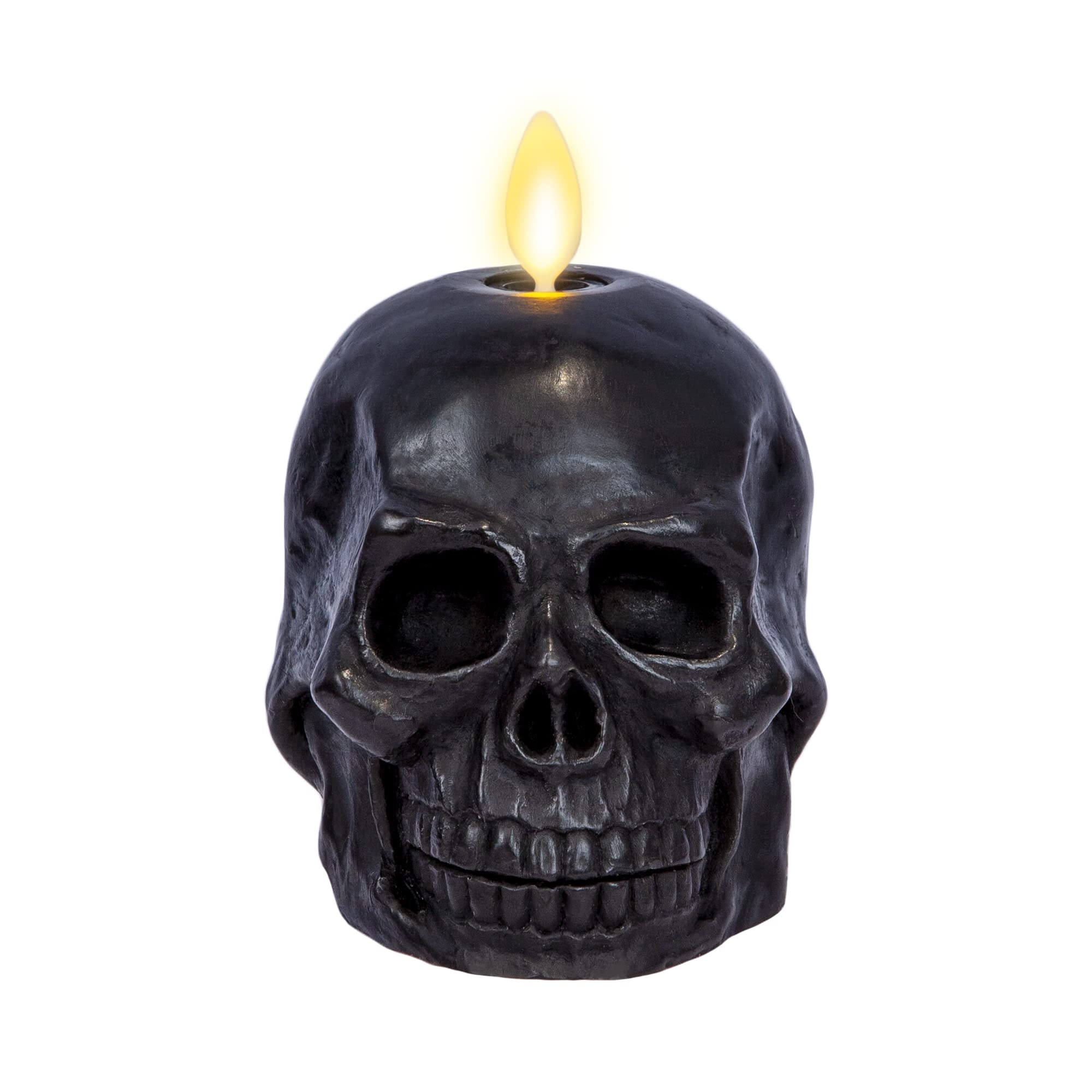 Luminara Flameless Single LED Moving Flame Small Skeleton Skull Figural (3.75 x 4.25) Real Wax LED Candle, Unscented, Timer - Bl