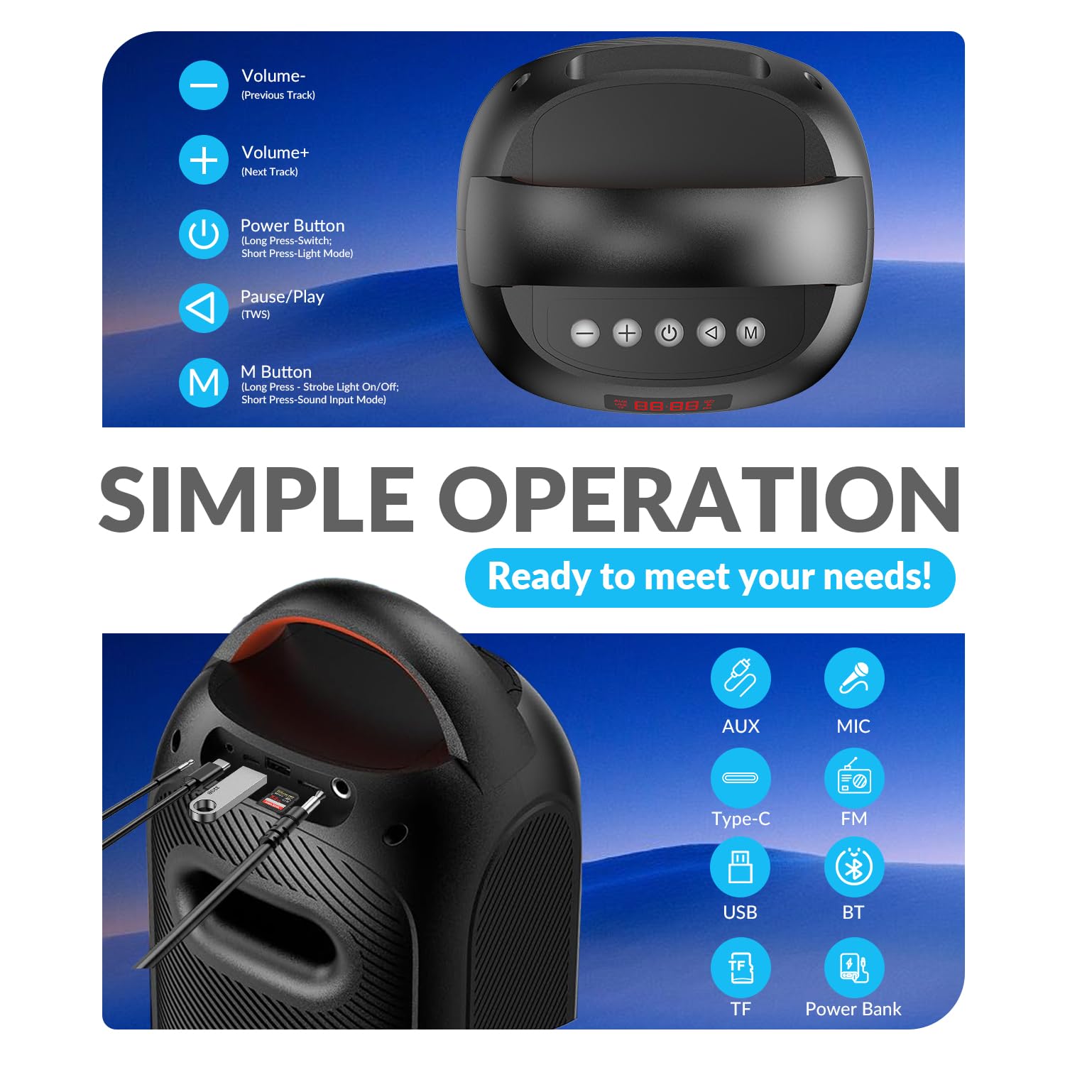 Speakers Bluetooth Wireless- 120Db Loud Sound, Dynamic 8 Led Lights, 5 Rgb Modes, Bluetooth 5.3, Tws/Usb/Tf/Aux/Fm/Mic Input, Bu