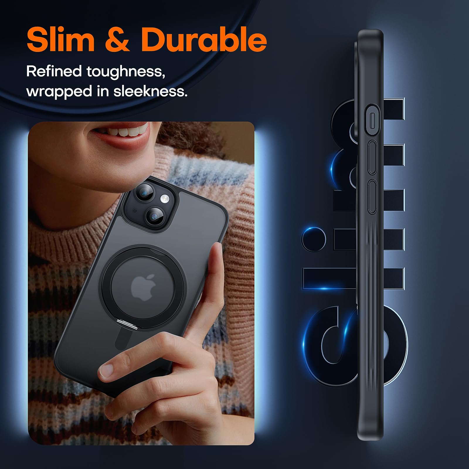 Tauri 360Rotatable Magnetic Ring For Iphone 15 Plus Case Black, [Designed For Magsafe] With Stand & Ring Holder, Translucent Mat