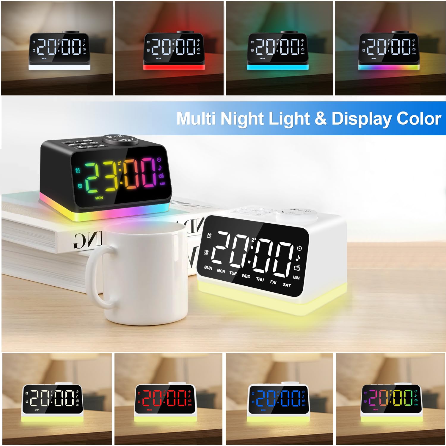 Jall Digital Alarm Clock With Fm Radio For Bedroom, 8 Colors Night Light With 2 Charging Port, Sleep Sound Machines With Timer,