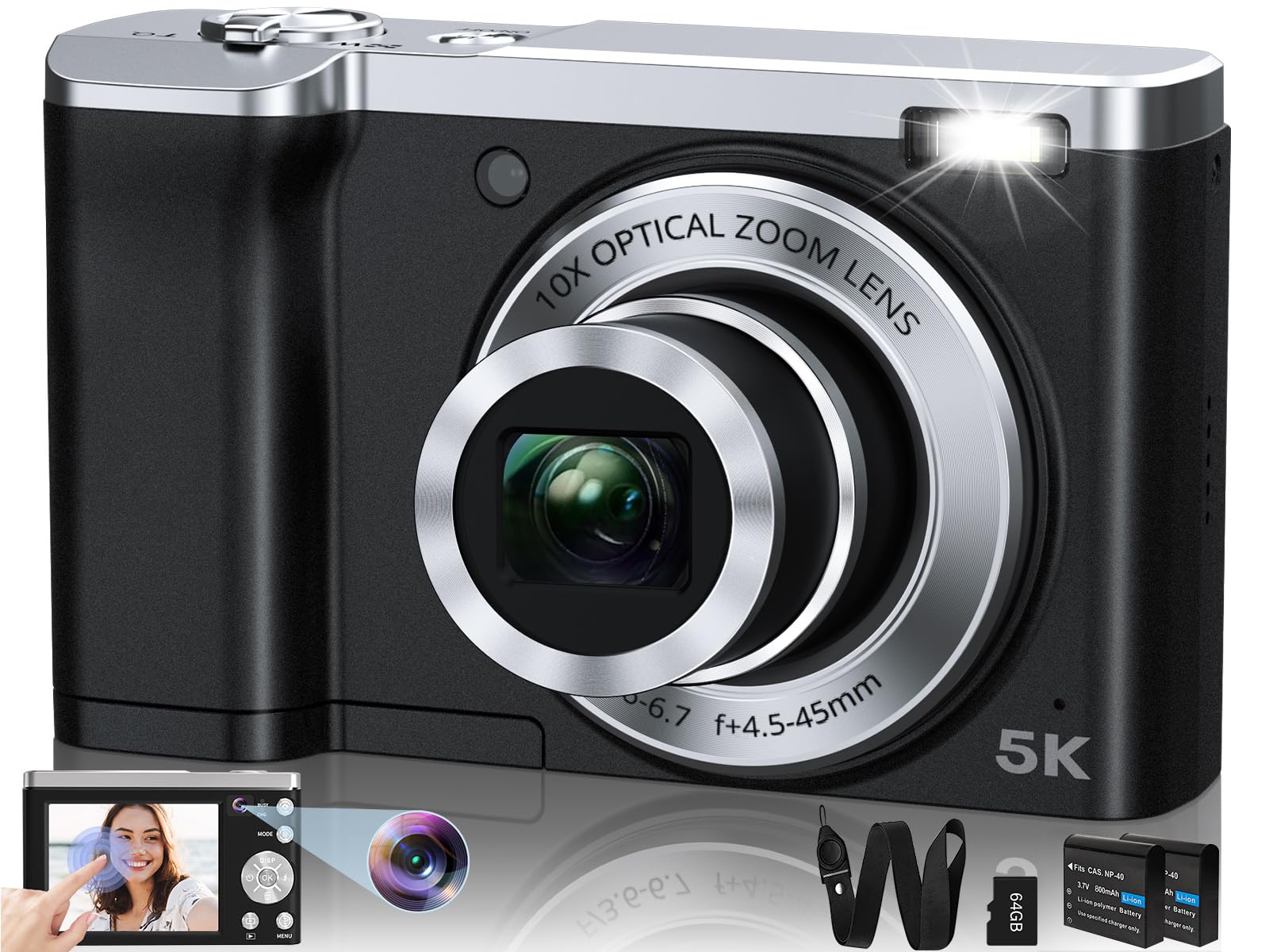 5K Digital Camera 2024 Newest 56Mp Cameras For Photography Autofocus,10X Optical Zoom Vlogging Compact Camera With Front And Rea