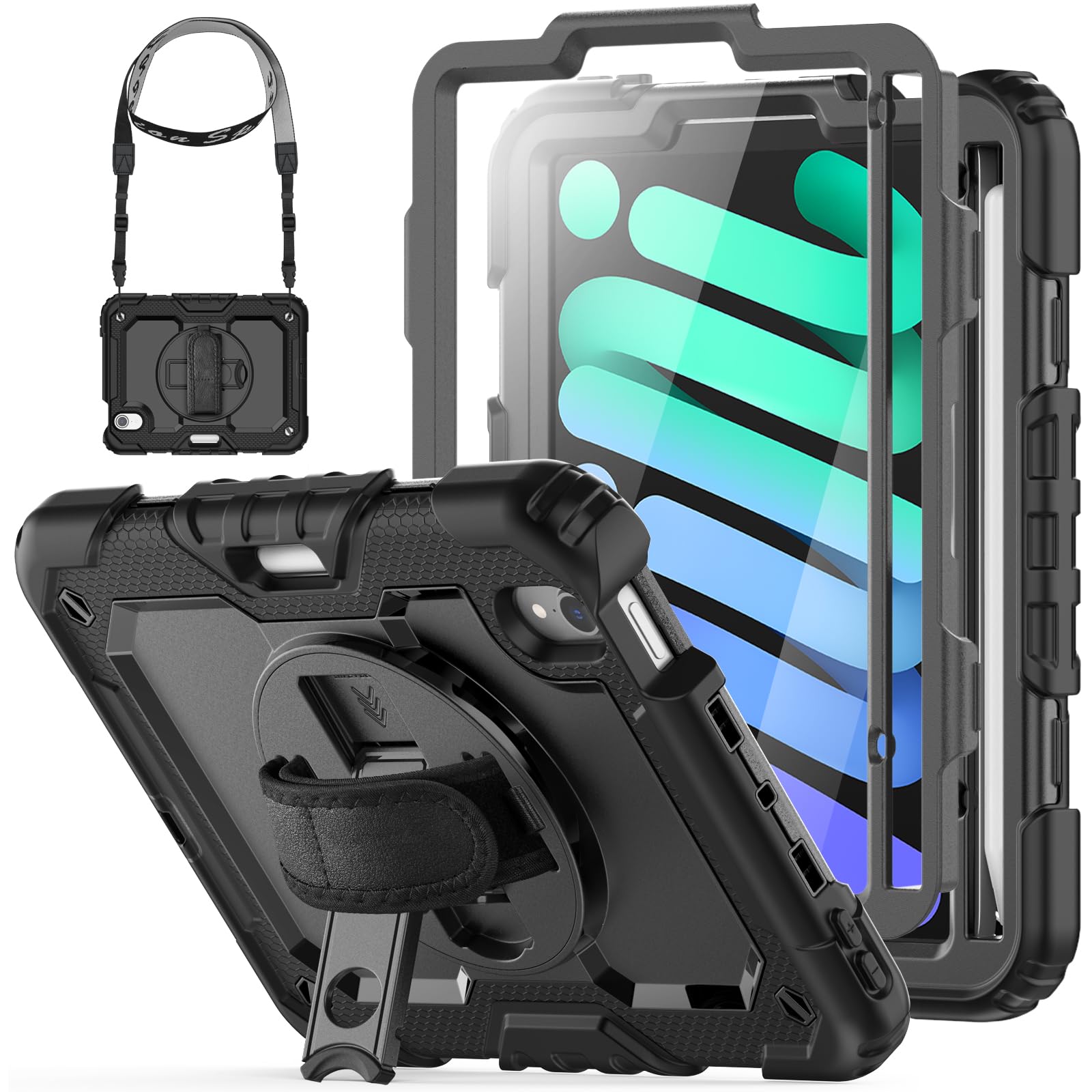 Hxcaseac Case For Ipad Mini 7 (A17 Pro 2024) / Mini 6 8.3 Inch, Shockproof Design With Pencil Holder/Screen Protector/Hand Strap