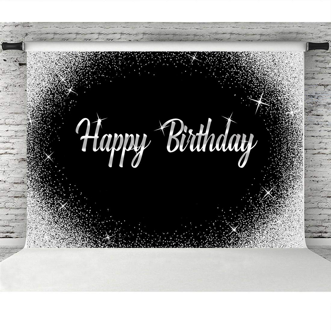 Happy Birthday Backdrop Glitter Silver Dots And Black Photography Background 7X5Ft Birthday Party Decorations Banner For Any Age