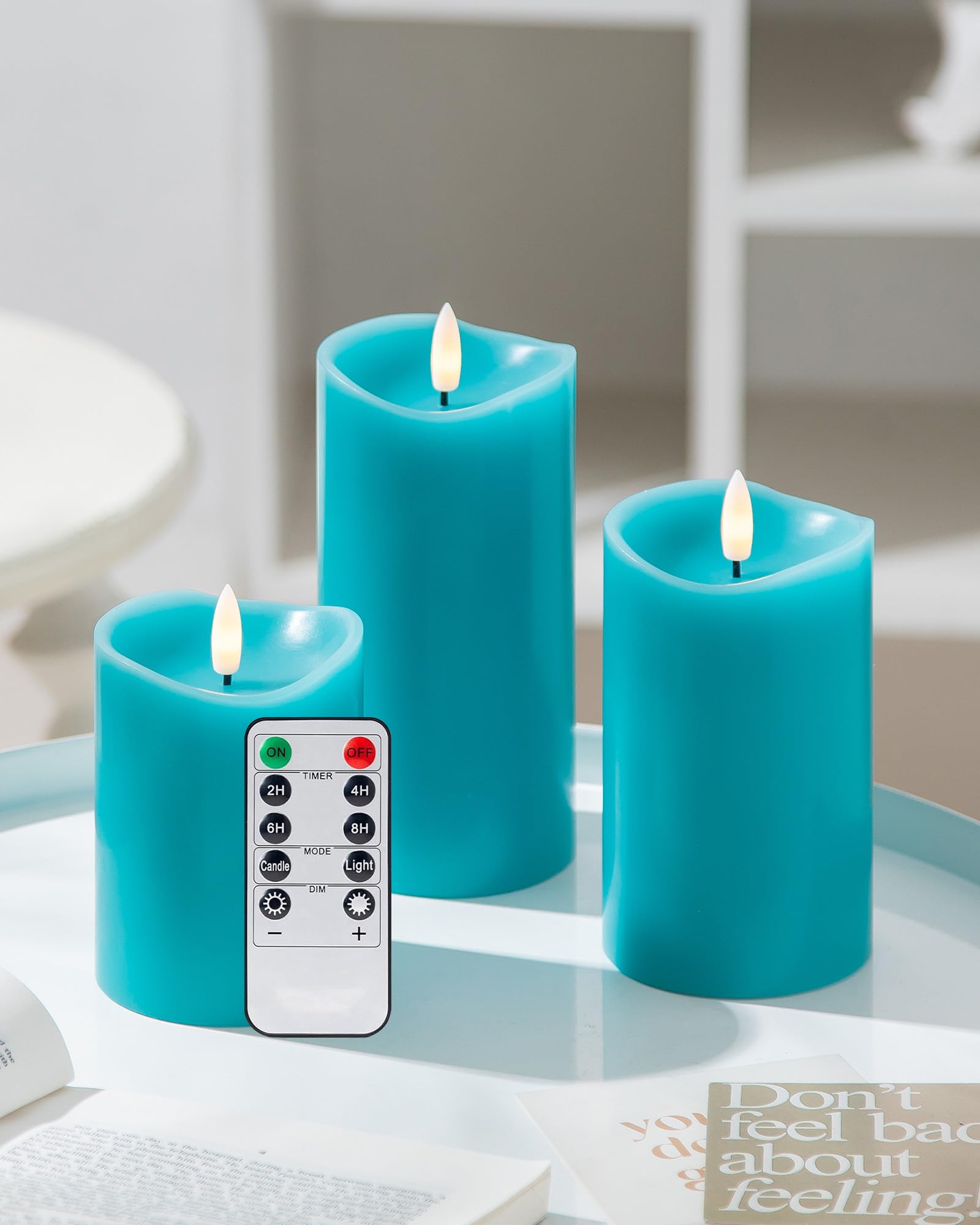 Velsyn Teal Flameless Candles with Remote Timer, Real Wax Made LED Pillar Candles Battery Operated with 3D Flickering Flame, Tea