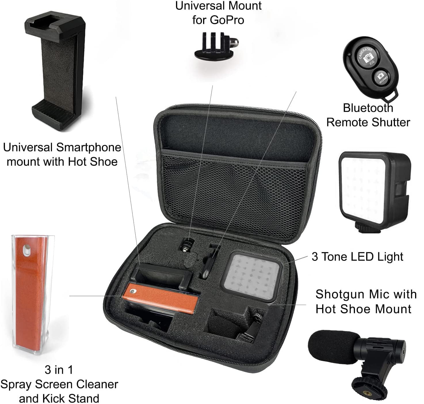 Acuvar Advanced Vlogging Kit For Iphone, Android & Cameras, Led Light, Microphone, Phone Holder, Gopro Mount, Bluetooth Remote &