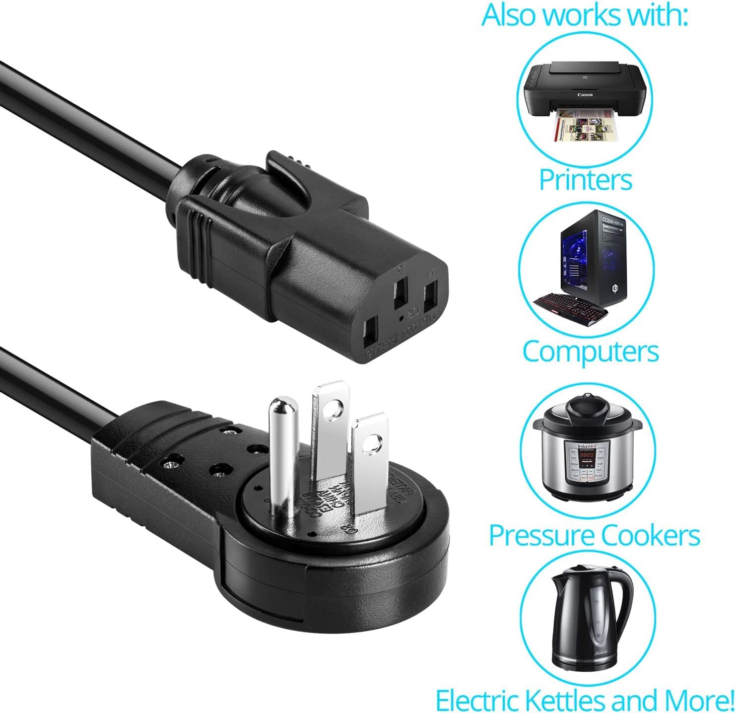 Maximm Monitor Computer Power Cord 1 Ft Flat Plug 360 Rotating Pc Cable 3 Prong For, Desktop, Printer, Scanner, 16 Awg Nema 5 15